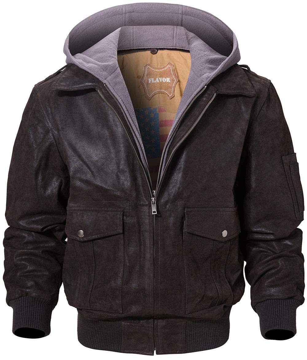 FLAVOR Men's Leather Flight Bomber Jacket Air Force Aviator (X-Large, Dark Brown Hood)