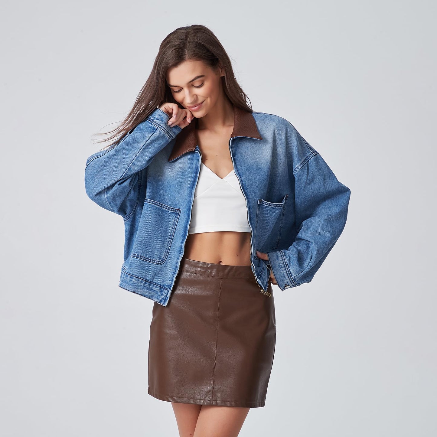 D-Sun Women's Denim Jackets Fake Leather Collar Long Sleeve Zipper Cropped Jean Jacket Denim Coat With Pockets