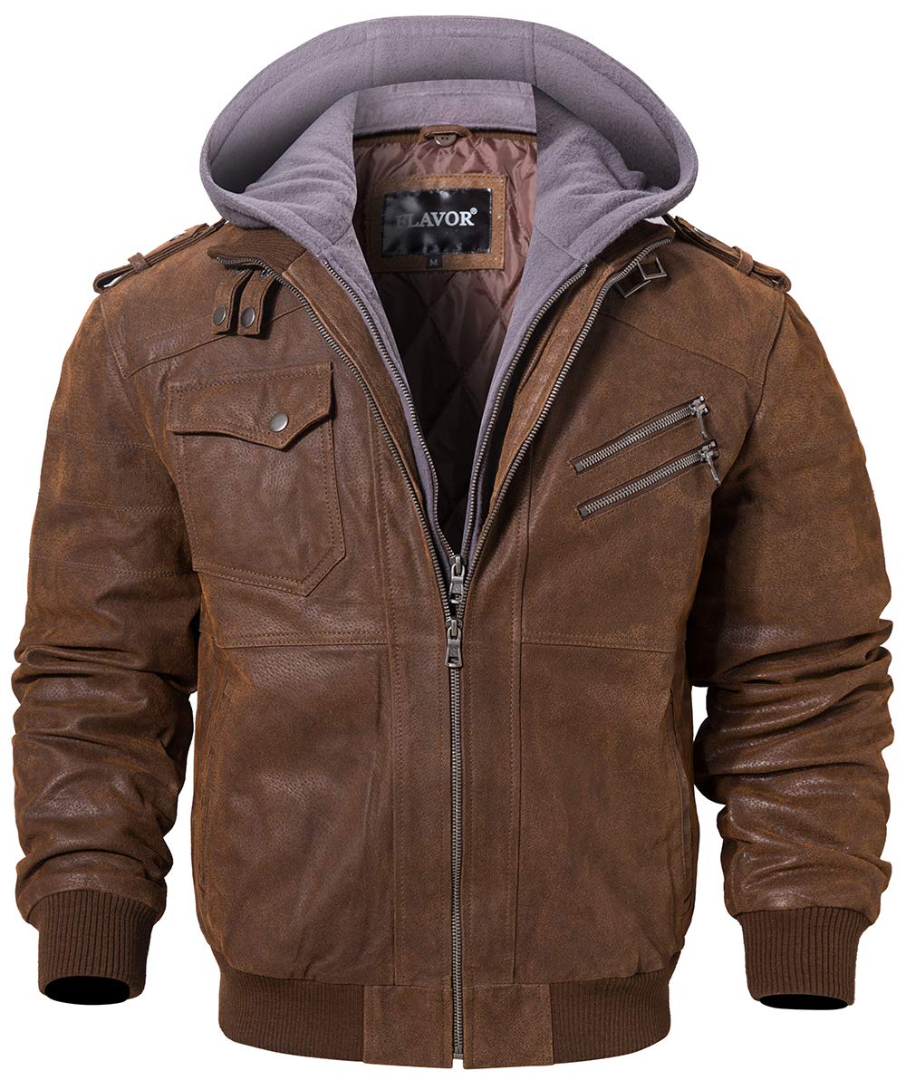 FLAVOR Men Brown Leather Motorcycle Jacket with Removable Hood. (Large (US standard), Brown+Gray)