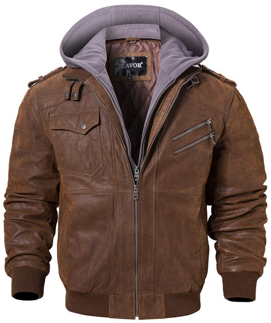 FLAVOR Men Brown Leather Motorcycle Jacket with Removable Hood. (Large (US standard), Brown+Gray)