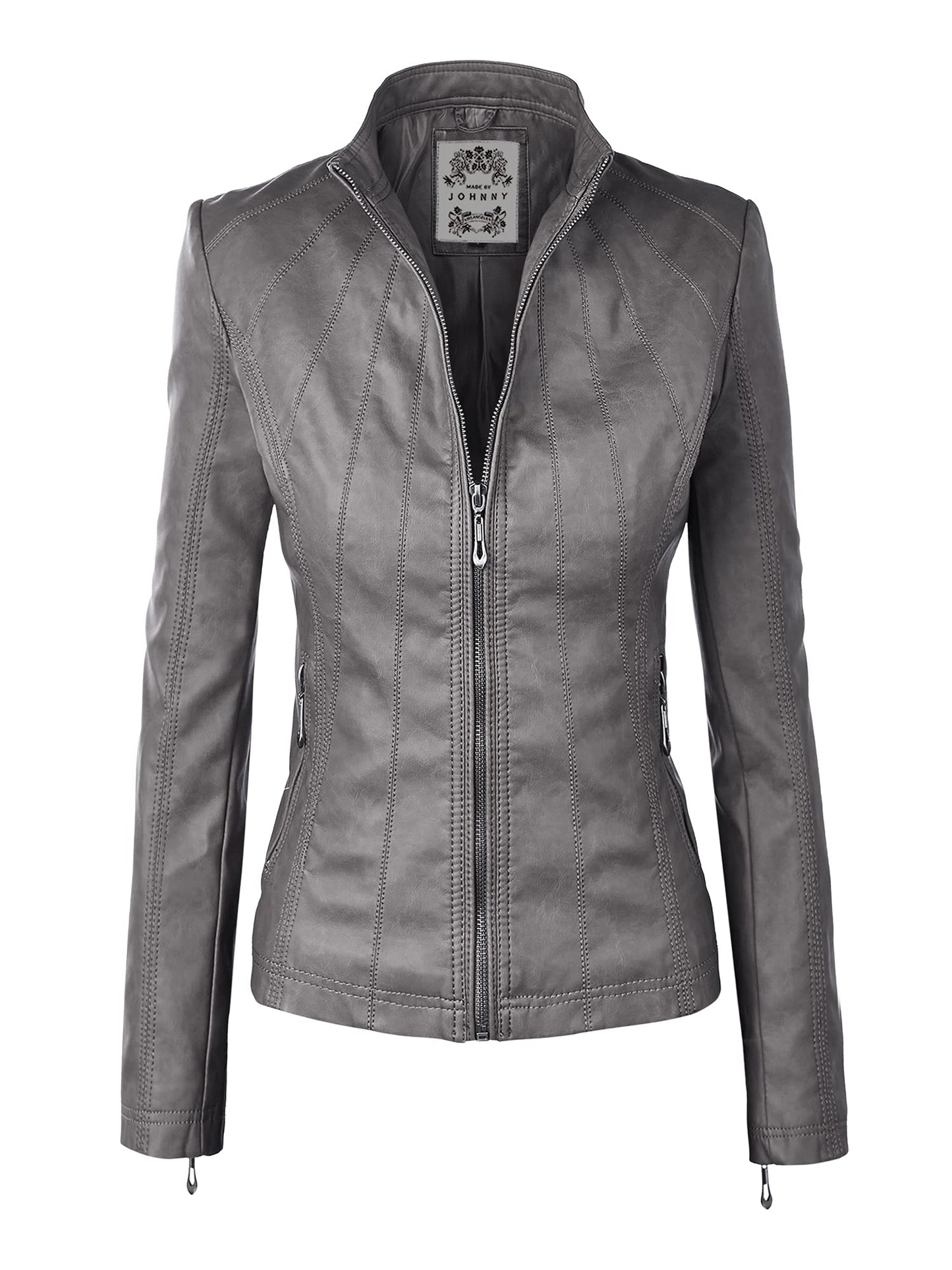 Made By Johnny MBJ WJC877 Womens Panelled Faux Leather Moto Jacket L Grey