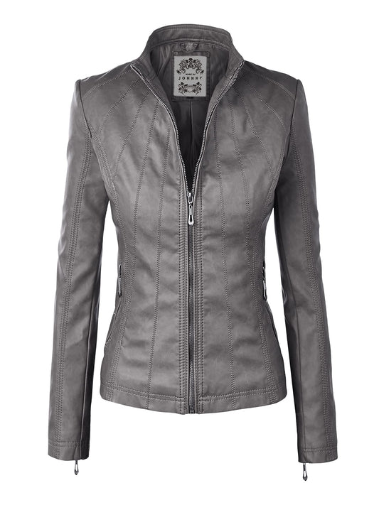 Made By Johnny MBJ WJC877 Womens Panelled Faux Leather Moto Jacket L Grey
