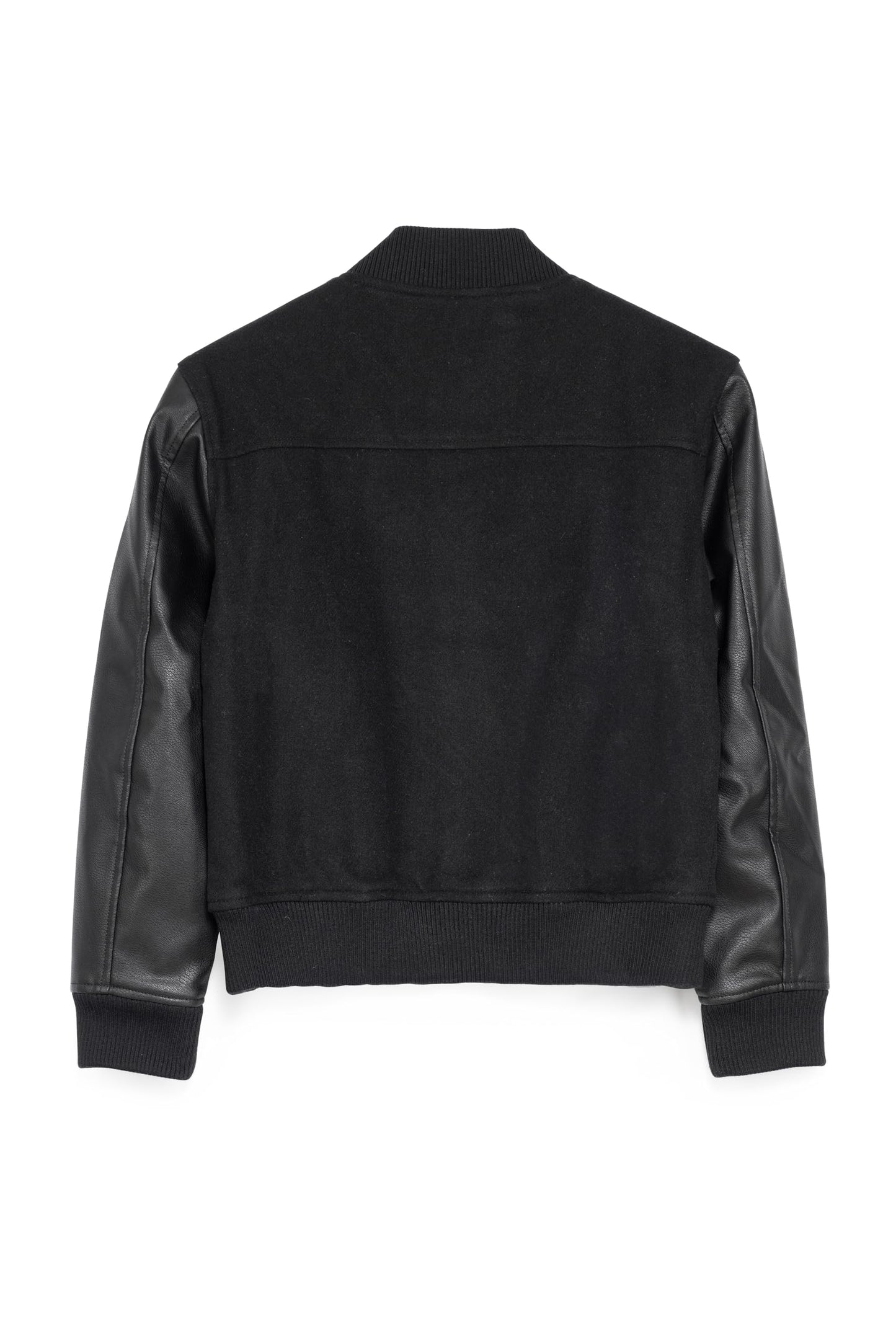 X RAY Boys Outerwear Coat with Faux Leather (S - XL), Wool Varsity Bomber Jacket for Kids W/Grainy PU Sleeves, Black - Varsity, Medium