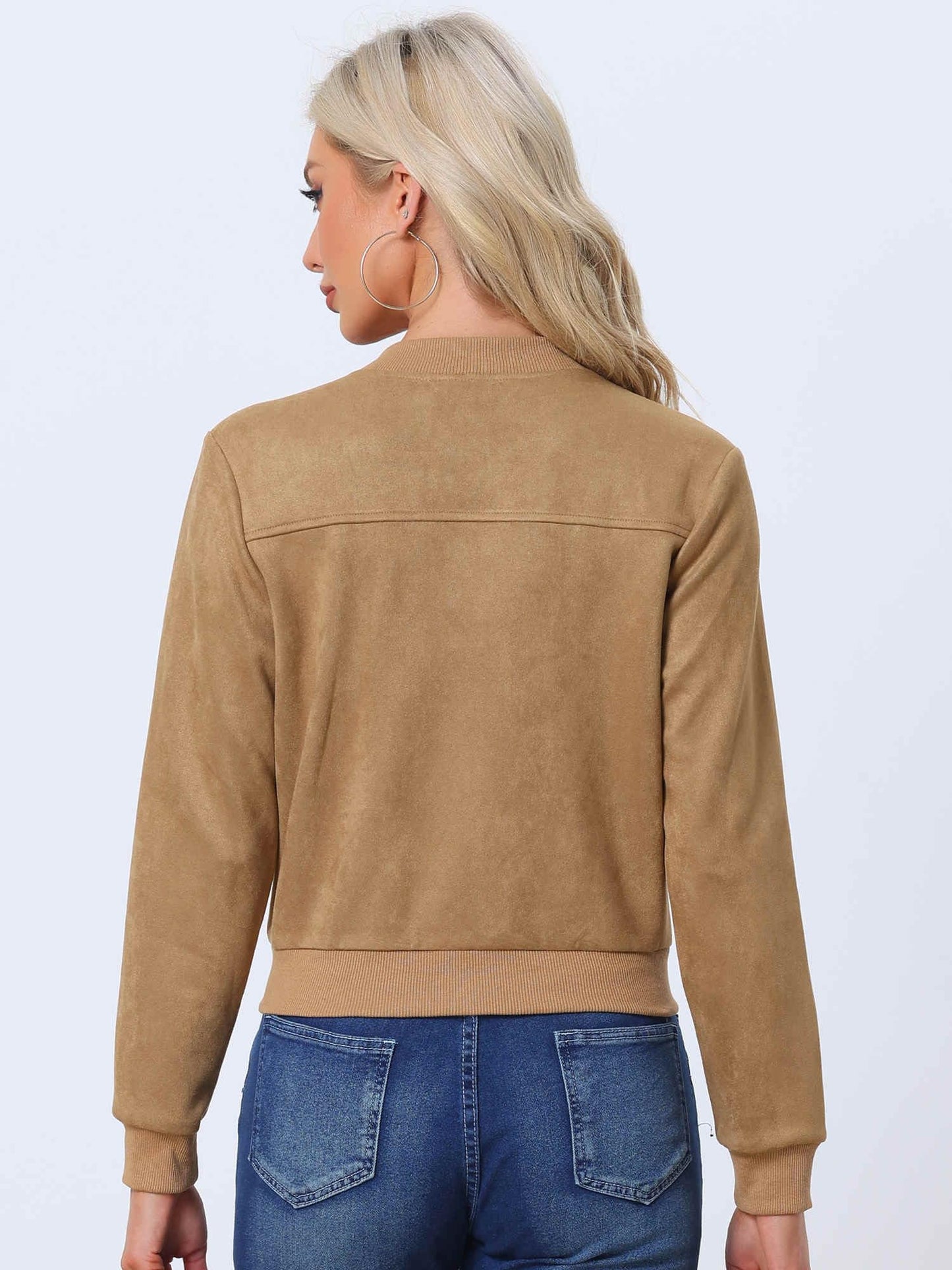 Allegra K Faux Suede Jacket for Women's Stand Collar Zip Up Bomber Jackets