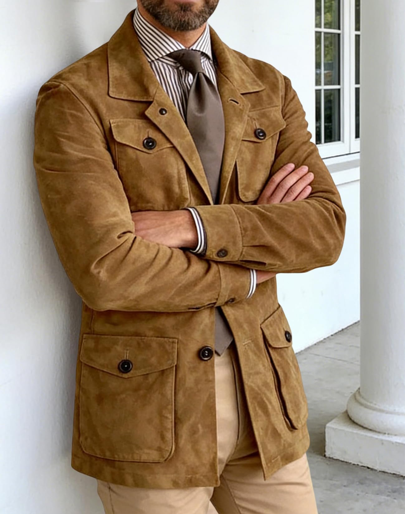 Mens Suede Leather Blazer 3 Button Sport Coats Western Jacket for Wedding Prom Brown
