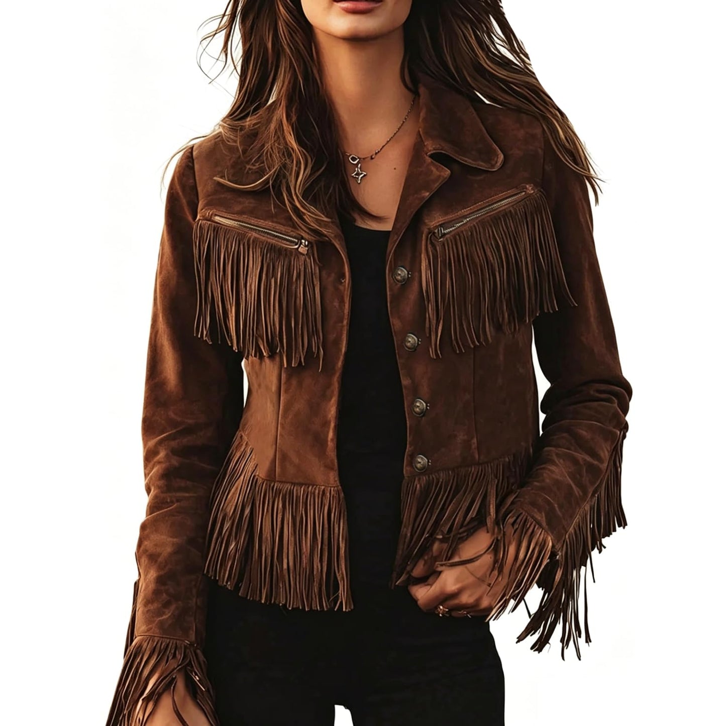Women's Faux Suede Jackets 2026 Vintage Cowgirl Western Fringe Jacket Long Sleeve Tassel Motorcycle Short Fringe Jacket Cropped Coat Outwear-M