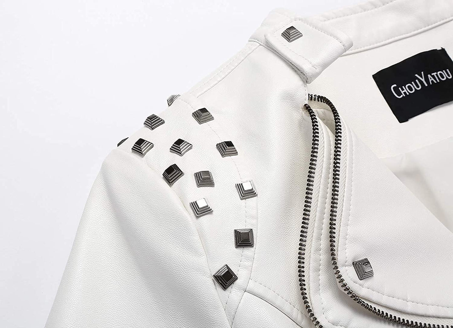 chouyatou Women's Fashion Studded Perfectly Shaping Faux Leather Biker Jacket (XX-Large, White)