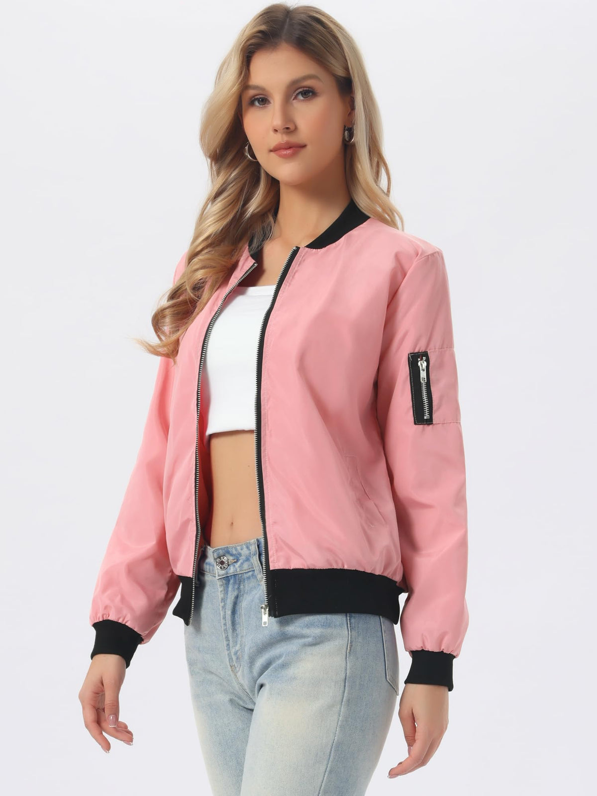 Allegra K Women Casual Lightweight Zip Up Windbreaker Bomber Jacket