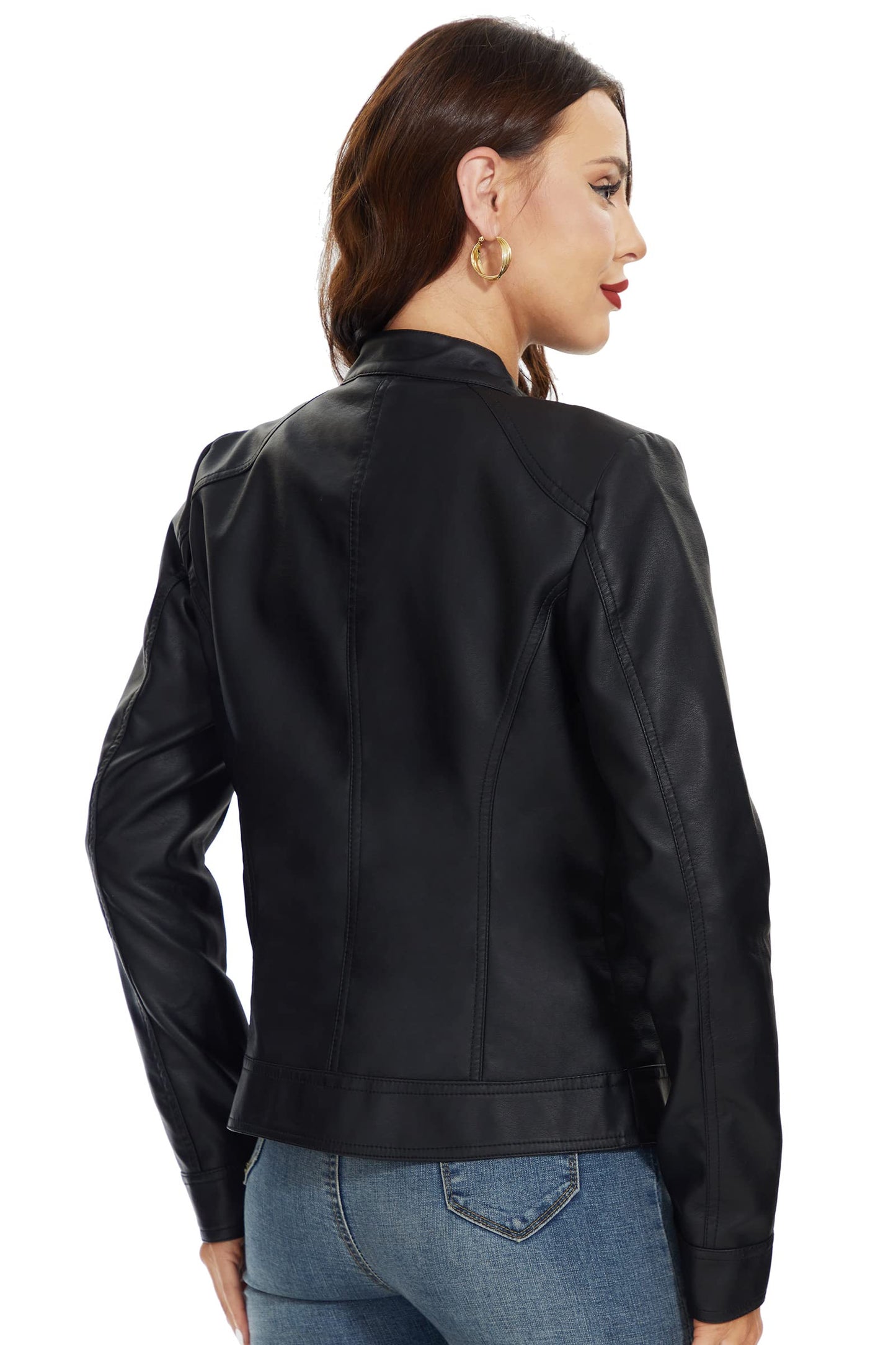 Fahsyee Women's Faux Leather Jackets, Zip Up Motorcycle Short PU Moto Biker Outwear Stand Collar Coat Size S Black