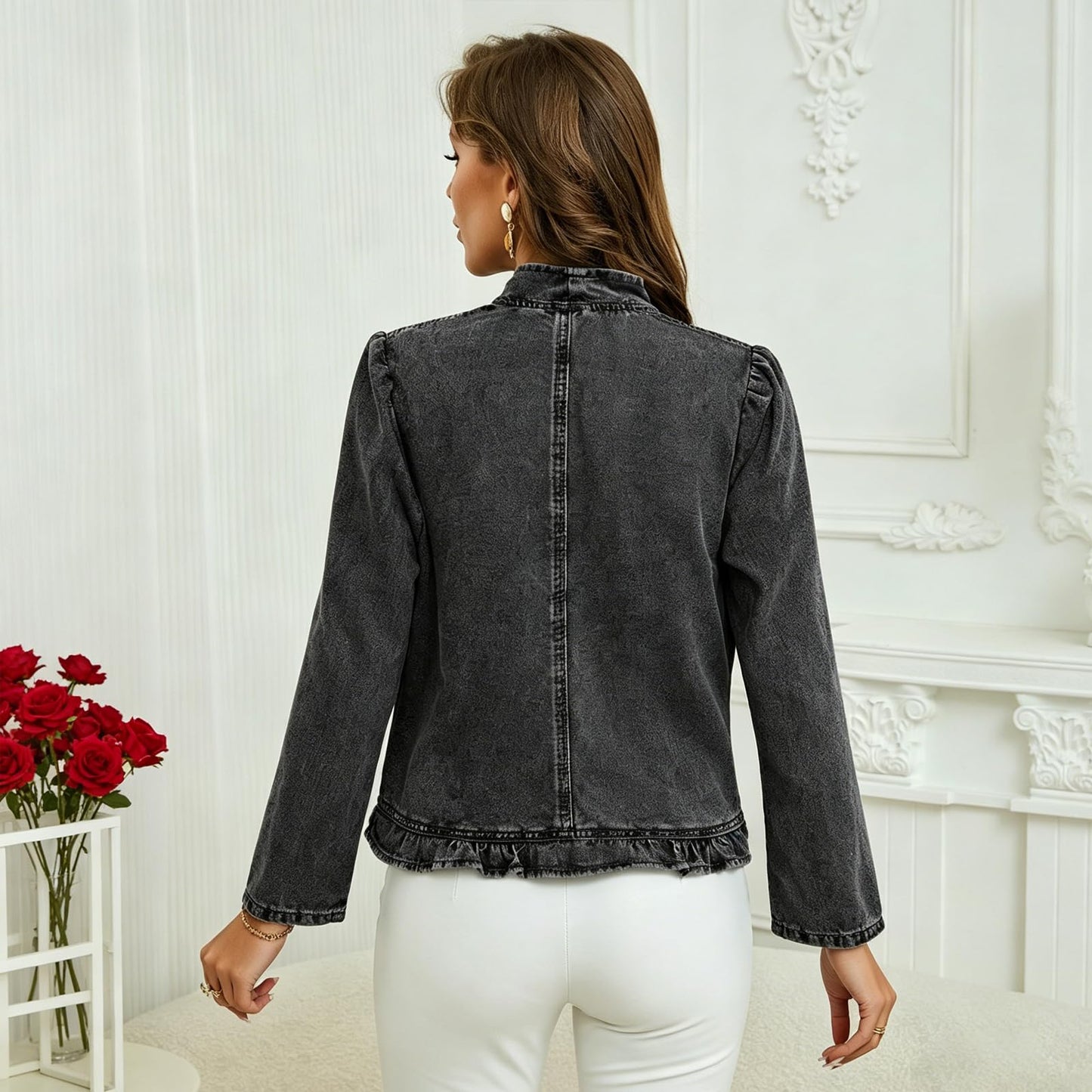 BVNTBZC Women Long Sleeve Denim Shirt Ruffled Cropped Top Coat Open Front Trendy Jean Trendy Thin Jackets (US, Alpha, Large, Regular, Regular, Black)