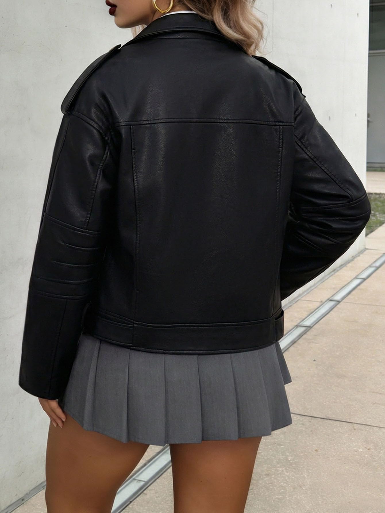 Gudasuo Oversized Leather Jacket Women Zip Up Biker Motorcycle Jacket Open Front Coat Outwear(0054 B M)