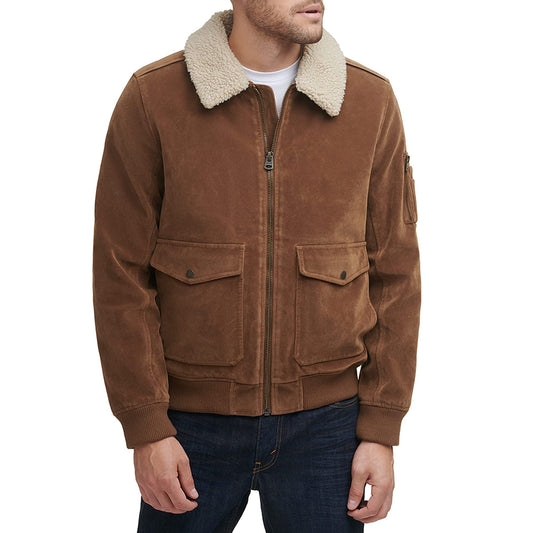 Levi's Men's Faux Leather Sherpa Aviator Bomber Jacket, Cognac Faux Suede/Sherpa Collar, Small
