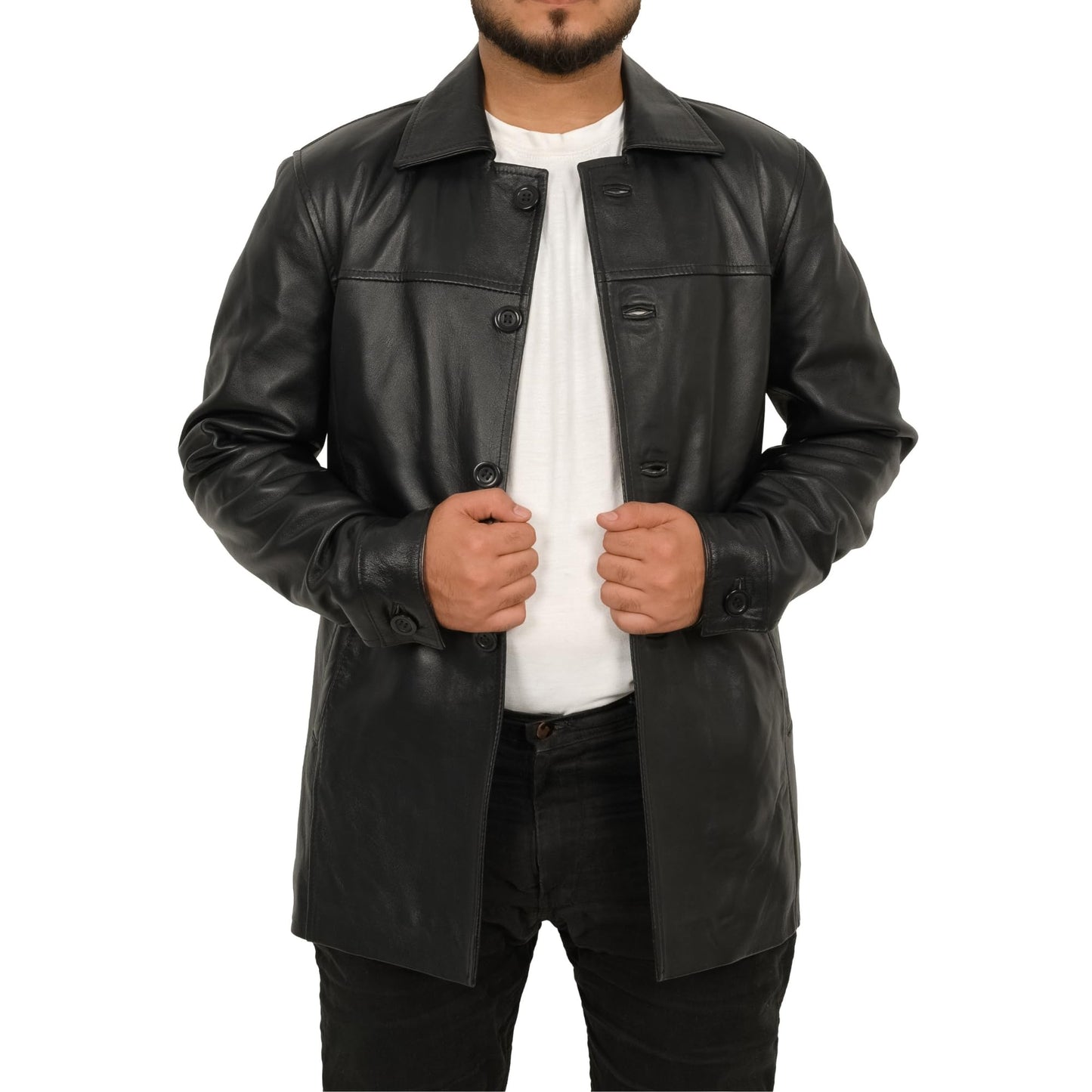 SAFYD® Mens Leather Coat - 3/4 Length Casual Car Coat Style Lambskin Long Leather Jacket Men (US, Alpha, XX-Large, Regular, Regular)
