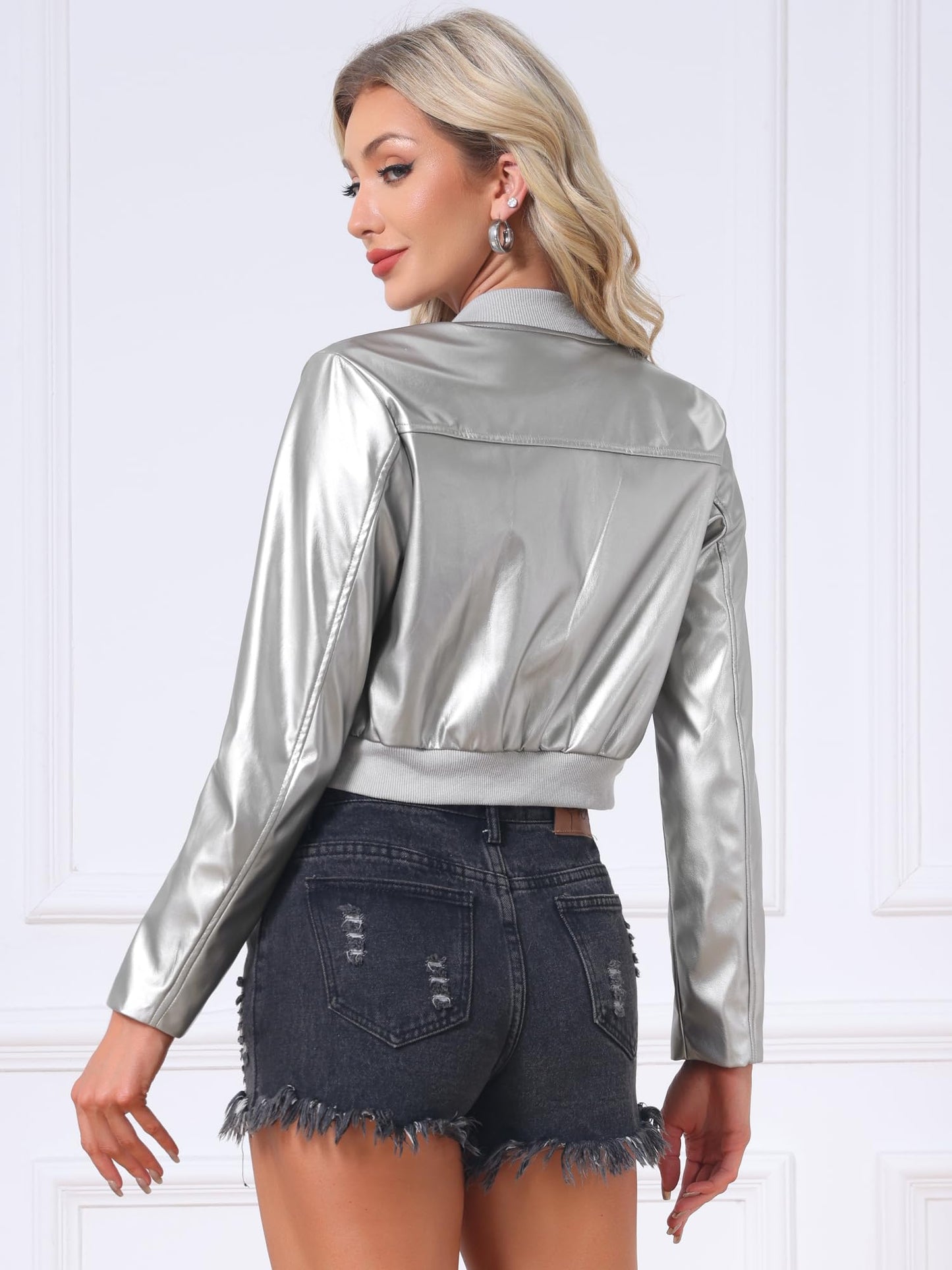 Allegra K Faux Leather Bomber Jacket for Women Casual Zip Up PU Moto Biker Motocycle Cropped Jackets Medium Silver