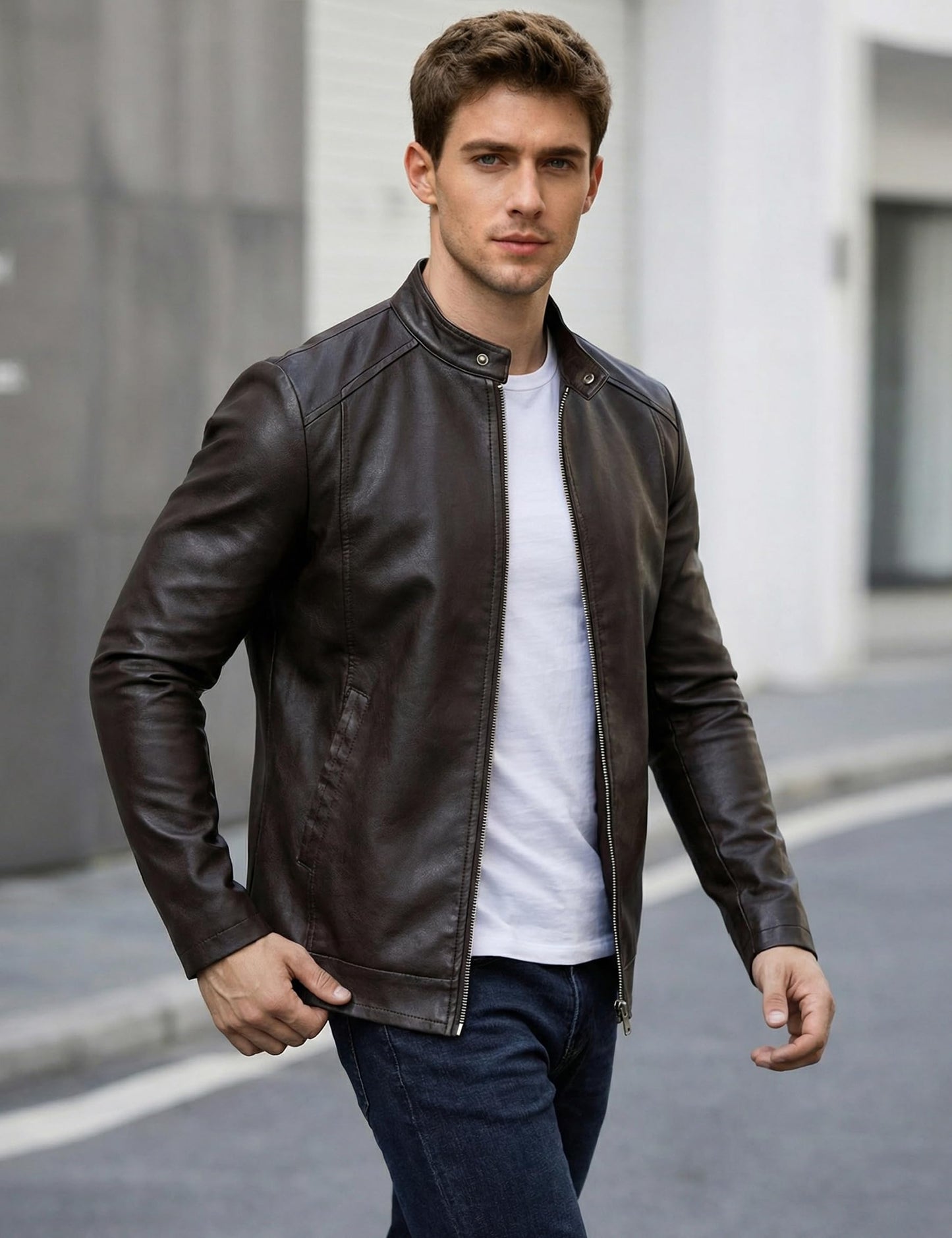 Dark Brown Leather Jacket Men Faux Leather Motorcycle Jackets Biker Coat L