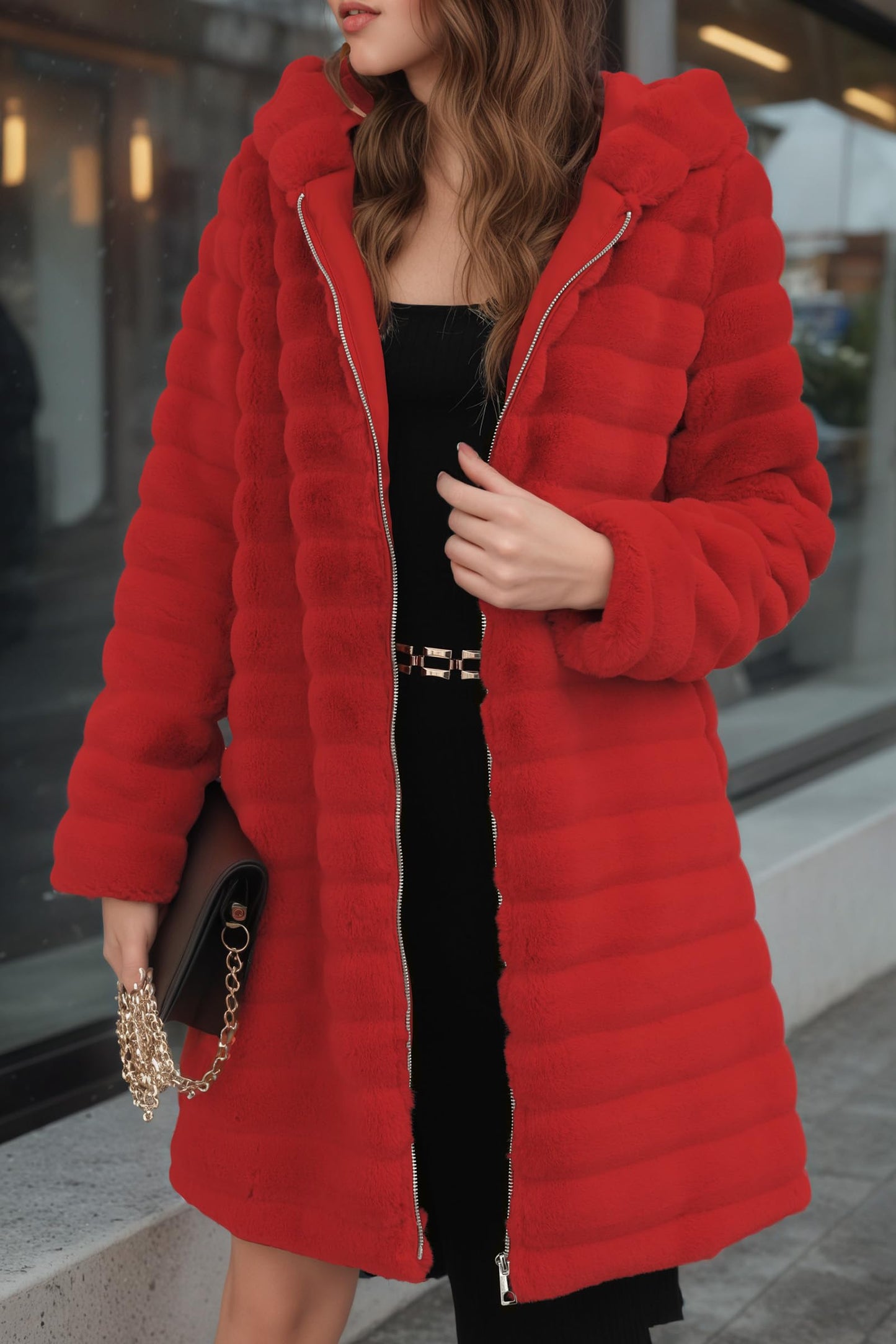 RISISSIDA Women Long Faux Fur Coat Fuzzy Jacket with Hood Fleece Winter Fall Thermal Shearling Warm Fluffy Furry Overcoat B Red 120757A X-L