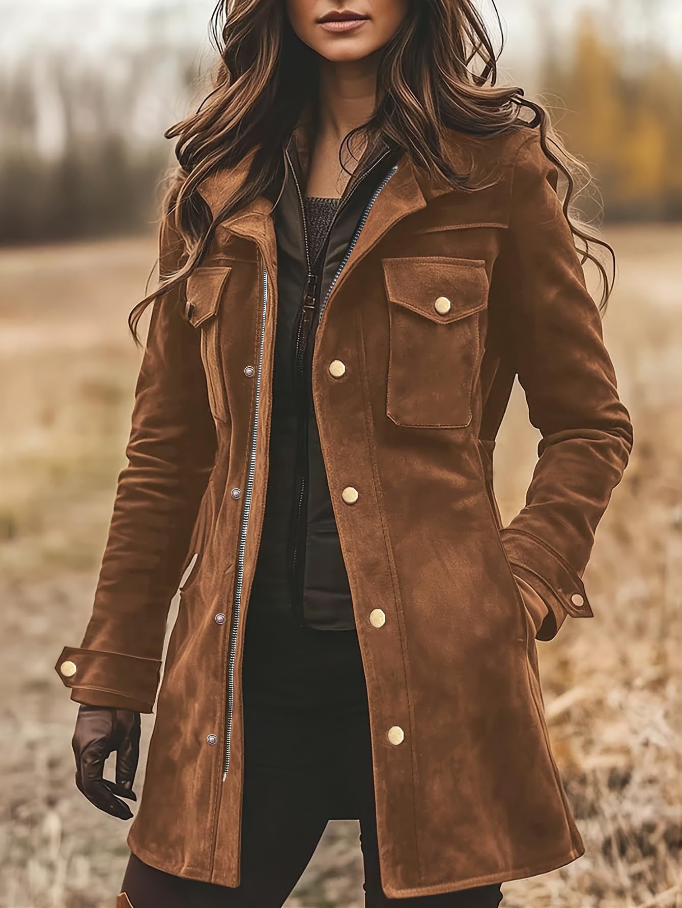 chouyatou Women's Retro Faux Suede Leather Jacket Zip Up Military Utility Safari Jacket Midi Long Shacket (Medium, Brown)