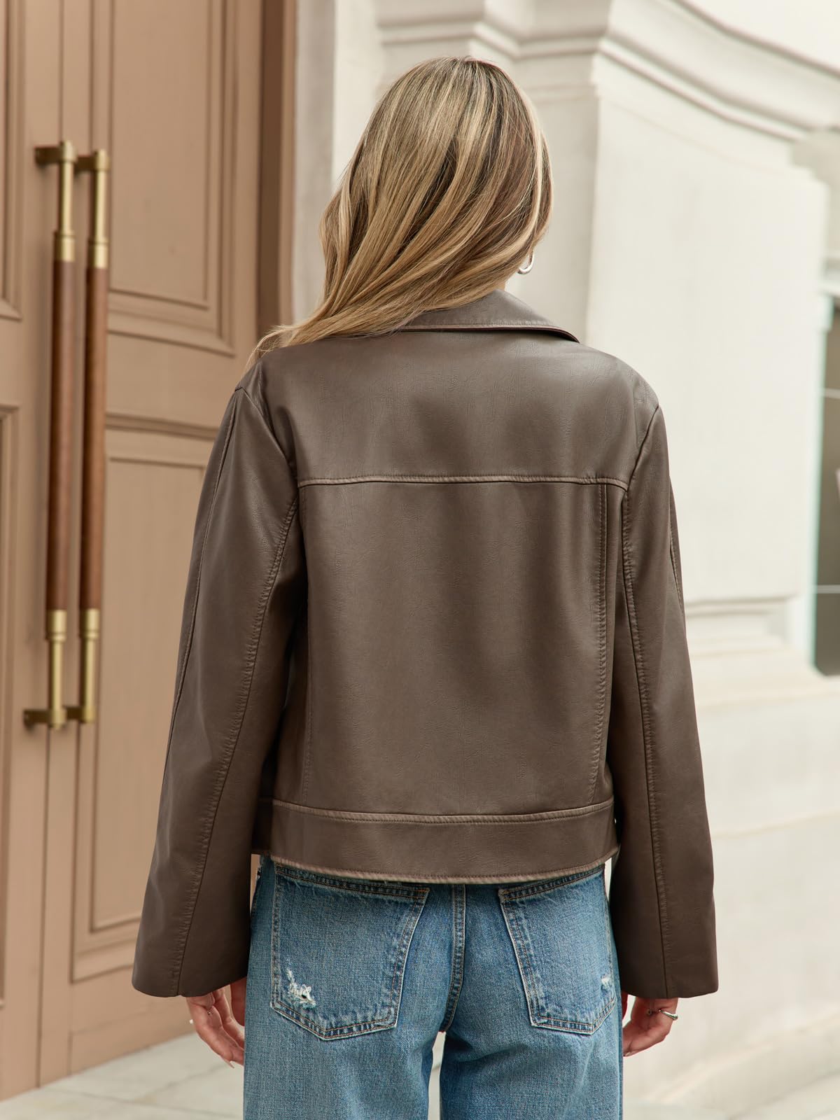 Yousify Womens Faux Leather Jacket Casual Zip Up Motorcycle Long Sleeve Collared Spring Cropped Coats with Pockets