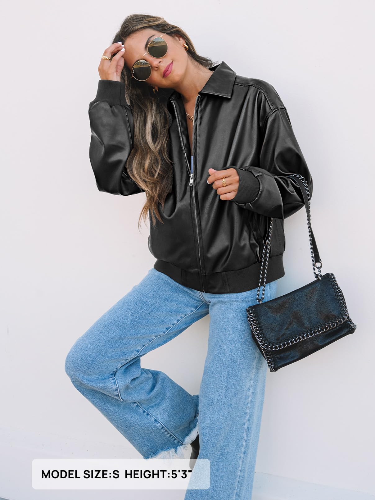MEROKEETY Women's Oversized Faux Leather Jacket Fall Winter Zip Up Motorcycle Coats Fashion Outfits Clothes 2025, Black, Medium