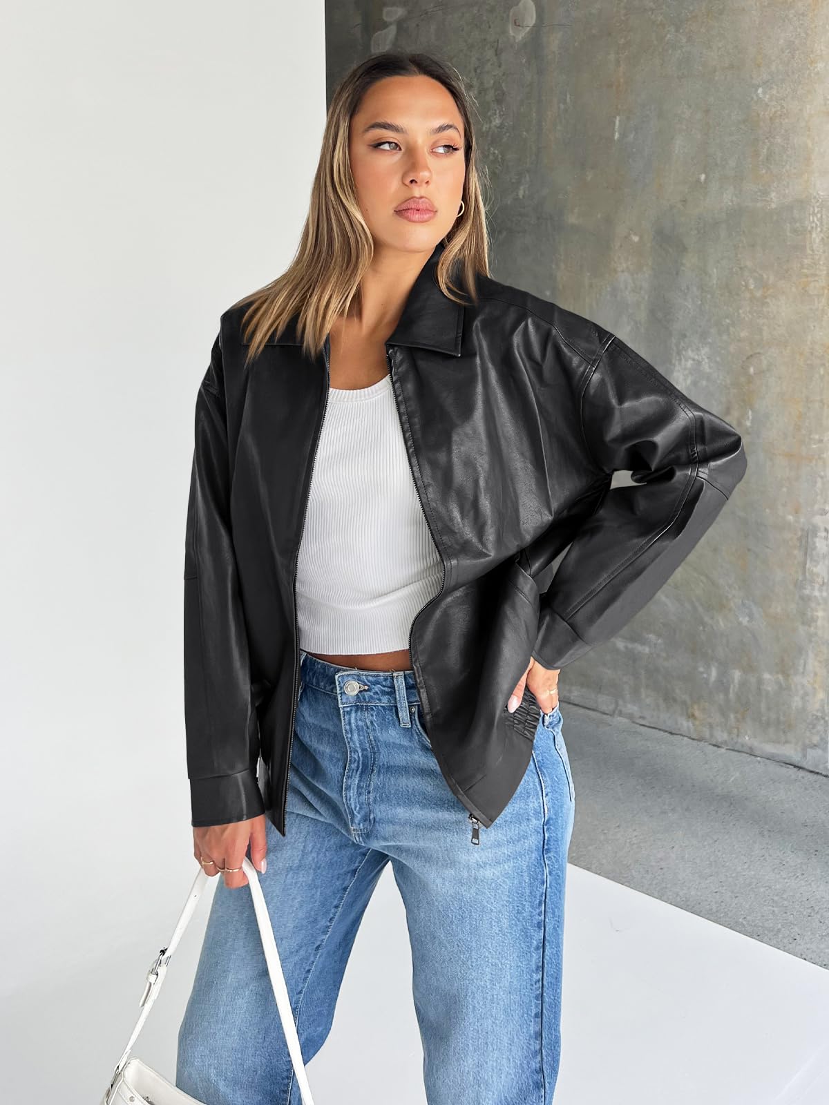 Trendy Queen Womens Leather Jacket, Oversized Night Out & Everyday Statement Piece, Bomber Jackets Fall Moto Coat Black M
