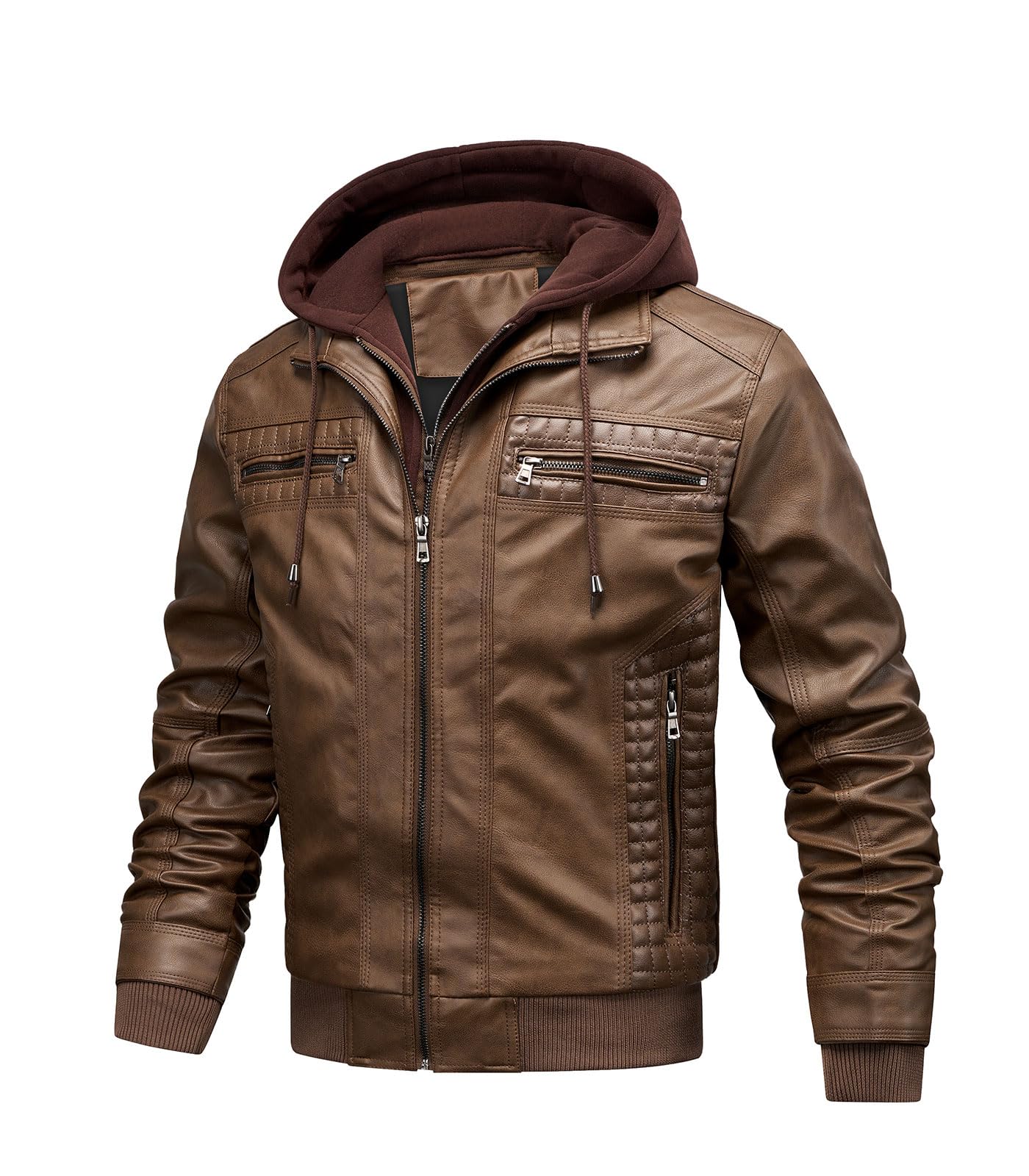 INVACHI Men's Faux Leather Jacket Motorcycle Bomber Jacket with Removable Hood