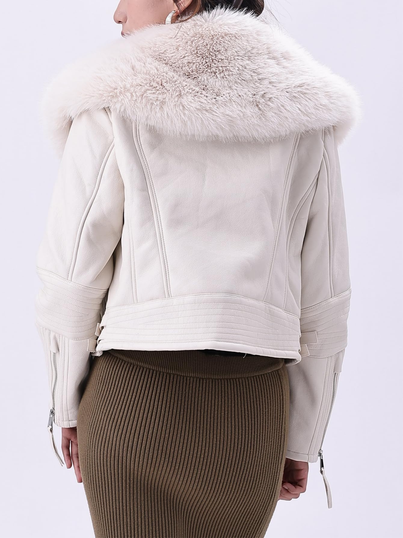 Bellivera Women's Faux Leather Aviator Sherpa Lined Winter Coat White L
