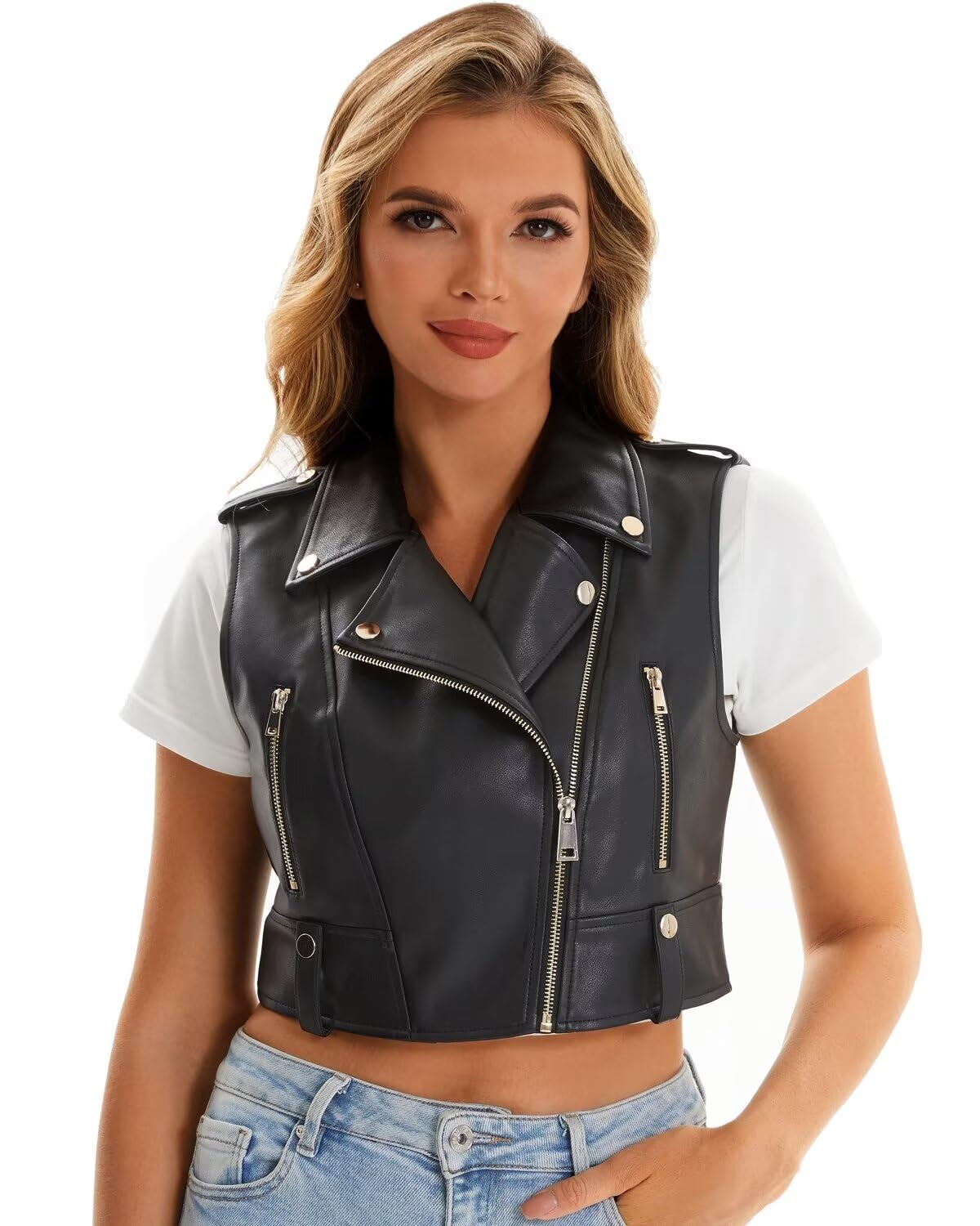 WYOYW Faux Leather Vest For Women Zipper Cropped Short Sleeveless Biker Moto Slim PU Motorcycle Waistcoat 068 Black M