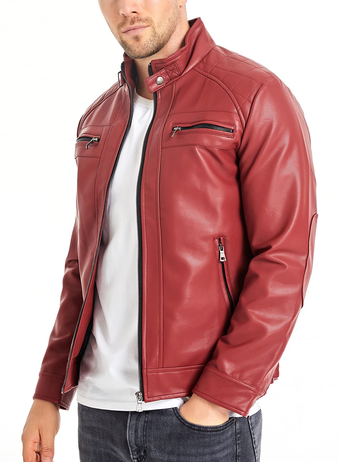 HOOD CREW Men’s Stand Collar Leather Jacket Casual Faux Leather Motorcycle Jacket Outerwear Coat with Zipper Pockets Red 4XL