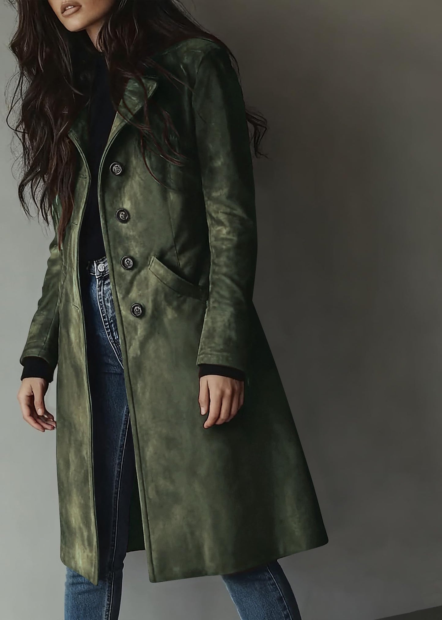 utcoco Womens Long Suede Trench Coat Single Breasted Leather Trench Overcoat with Pocket (X-Small, Army Green)