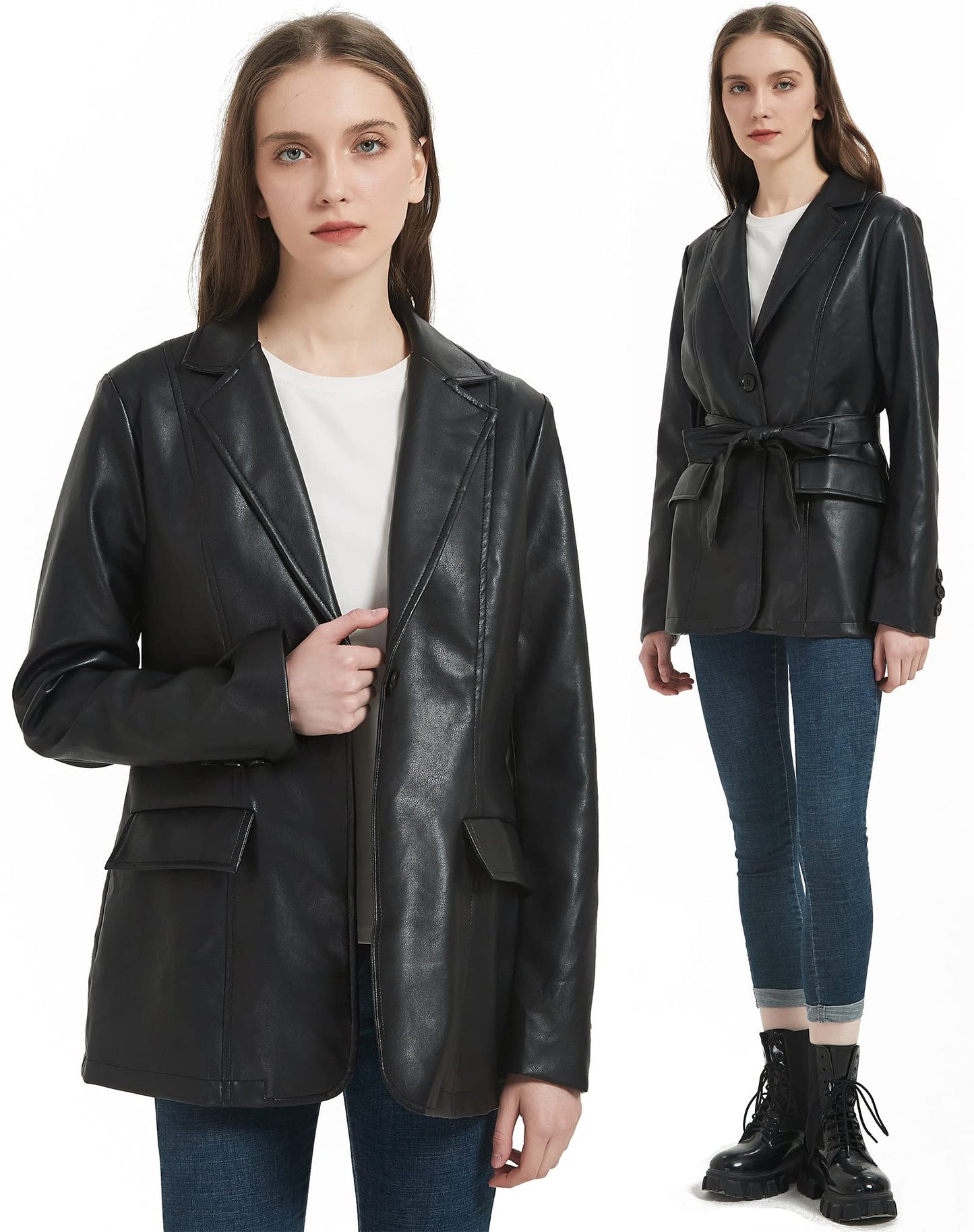 RISISSIDA Women Faux Leather Blazer Jacket with Belt,Soft PU Coat,Black,M