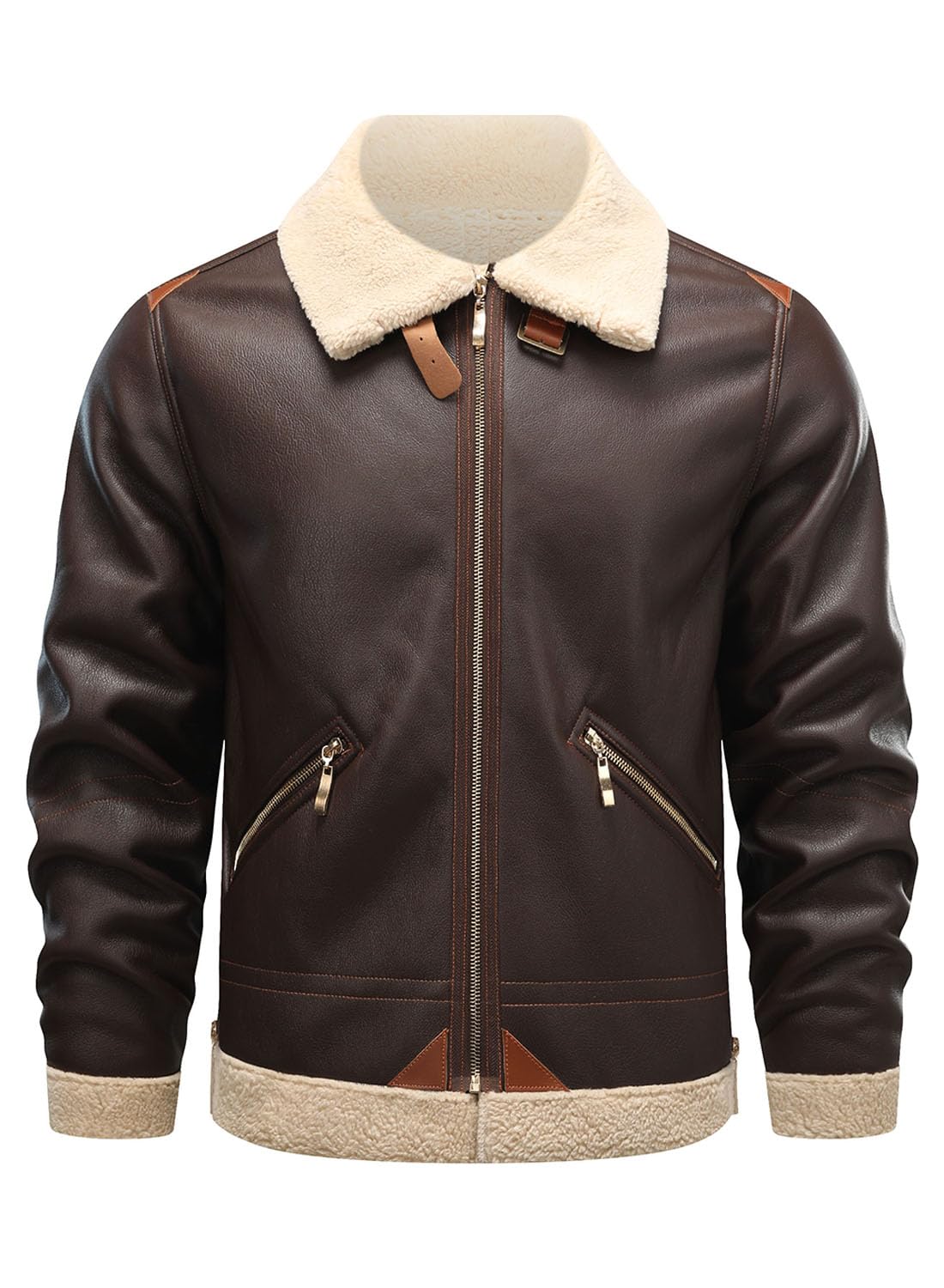 HOOD CREW Men’s Bomber Jacket Winter Coat Stylish Faux Fleece Lined Leather Jackets Coffee L