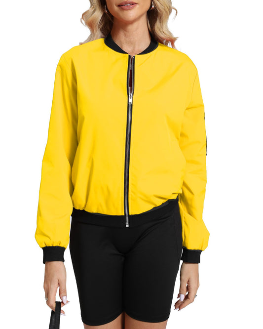 Argstar Women's Bomber Jacket Lightweight Casual Zip Up Outerwear Windbreaker with Pockets Yellow L