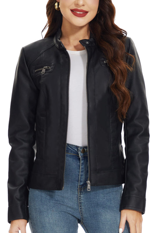 Fahsyee Women's Faux Leather Jackets, Zip Up Motorcycle Short PU Moto Biker Outwear Stand Collar Coat Size S Black