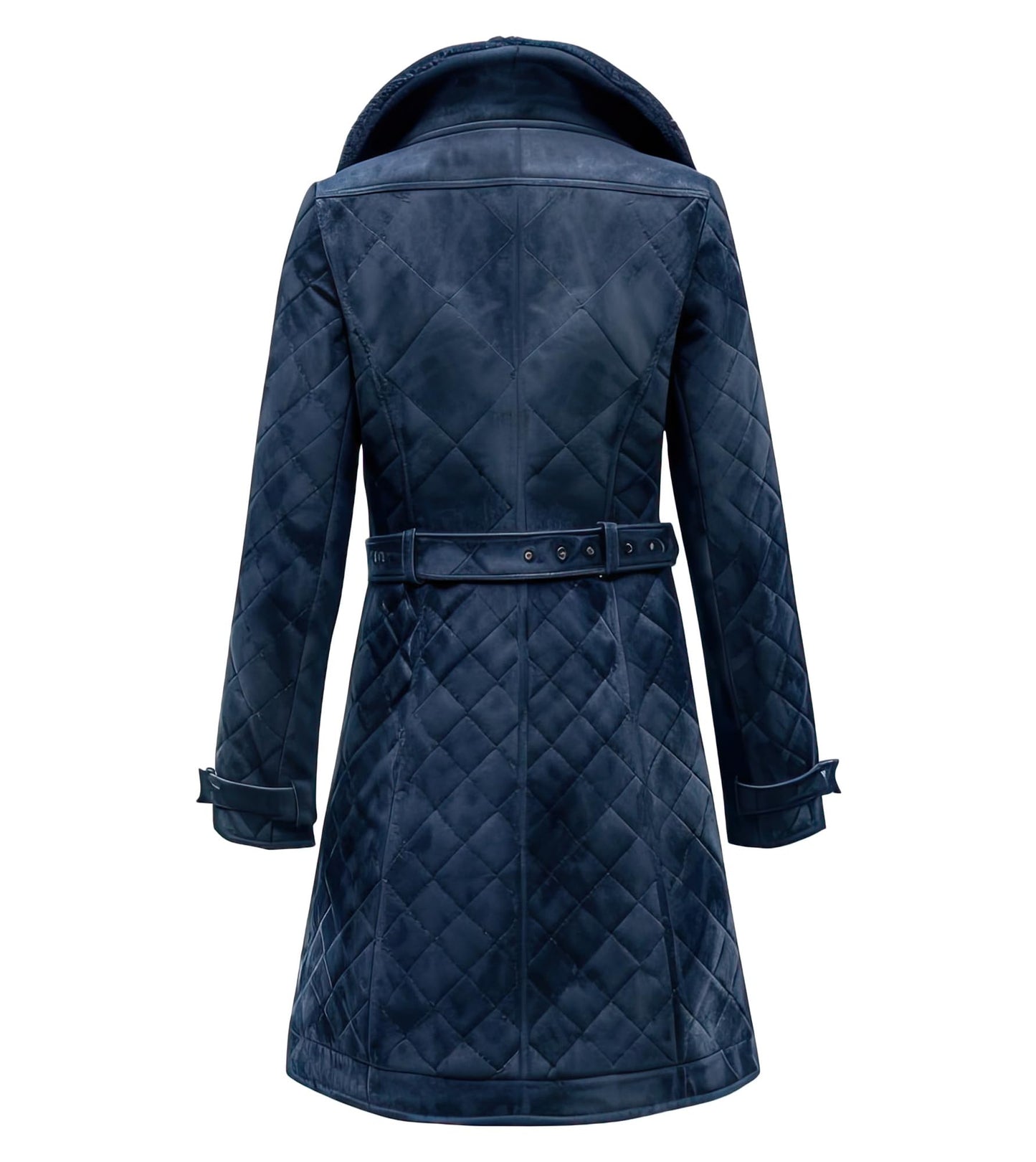 Women’s Navy Blue Suede Trench Coat Double Breasted Knee Length Autumn Quilted Leather Outerwear With Belt & Diamond Stitch (US, Alpha, X-Large, Regular, Regular, Navy Blue)