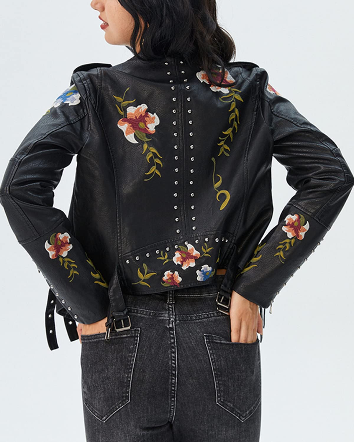 YILANUOYI Women's Embroidered Studded Faux Leather Jacket Moto Punk Jacket Floral Coat (XXL, XHPY Black)