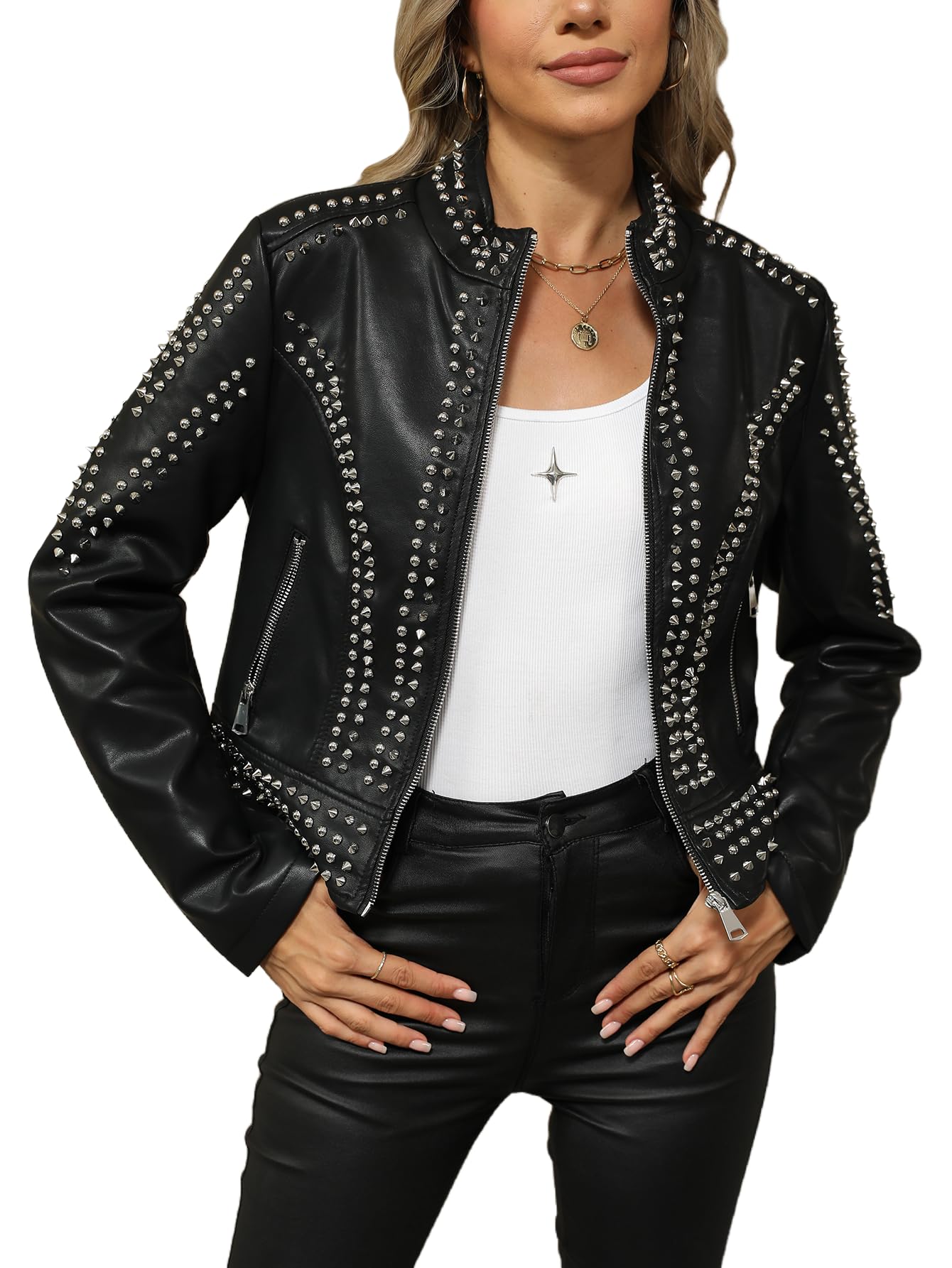 Bellivera Women's Faux Leather Moto Studded Rivet Casual Jacket Black XL