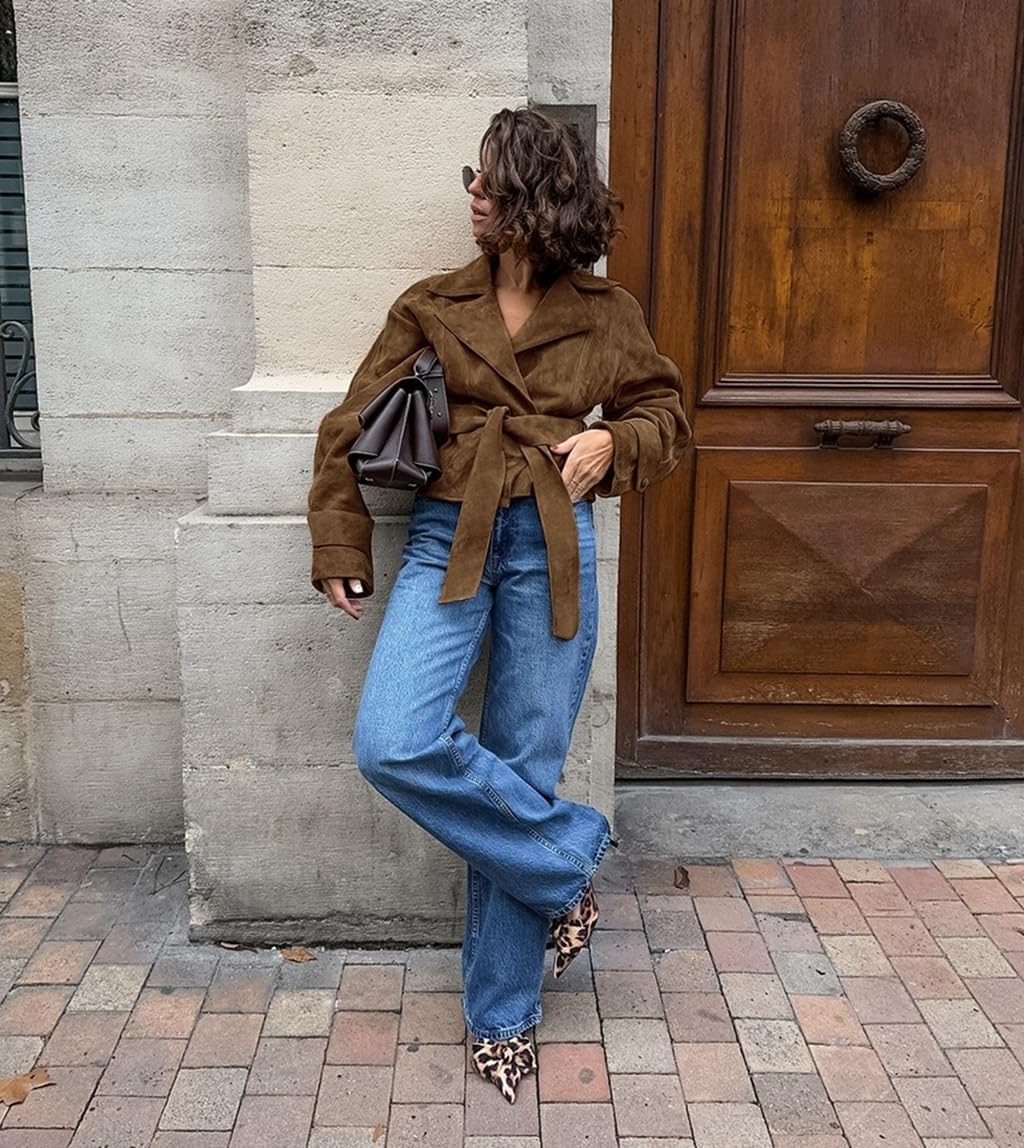 RISCUYY Suede Jacket Women Brown Belted Long Sleeve Lapel Button Down Cropped Faux Suede Jacket Women 2025