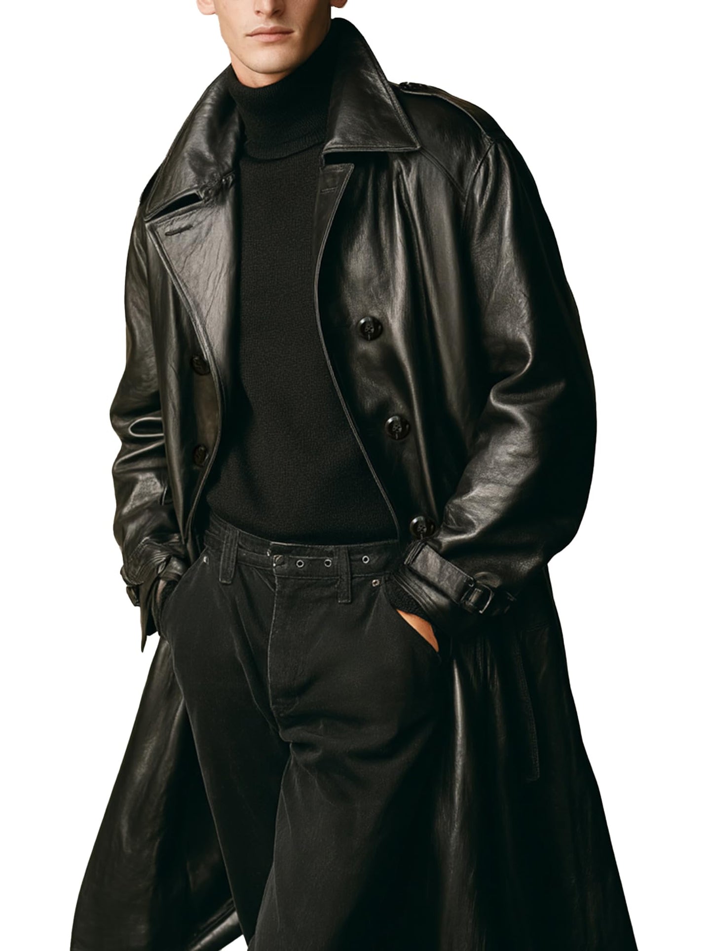 WPKDS Men's Genuine Leather Trench Coat, Mid-Length Double Breasted with Belt, Leather Overcoat Jacket (US, Alpha, XX-Large, Regular, Regular, Black)
