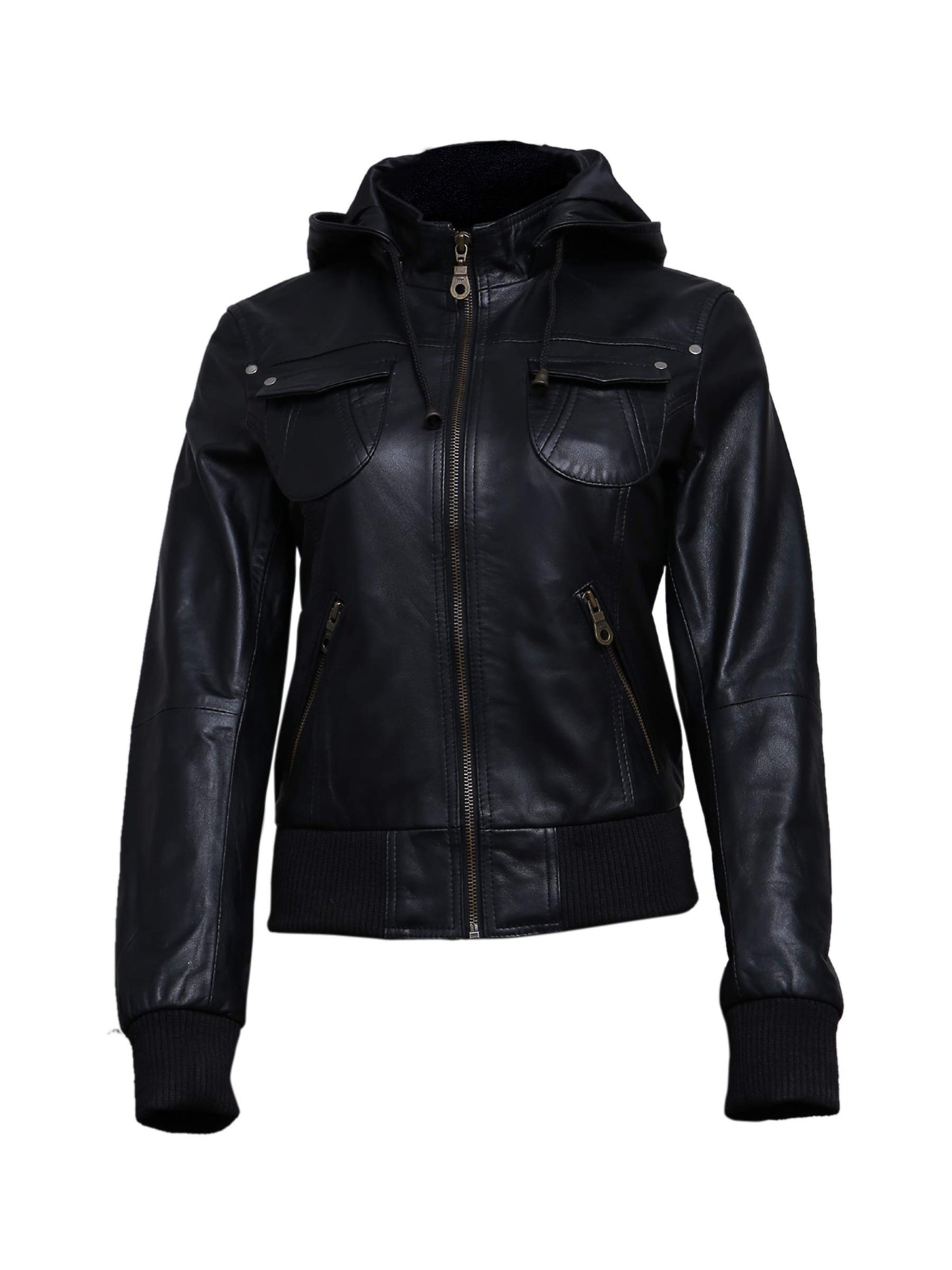Artistry Leather Womens Genuine Lambskin Leather Motorcycle Jacket with Removable Hood Black - Hooded bomber jacket
