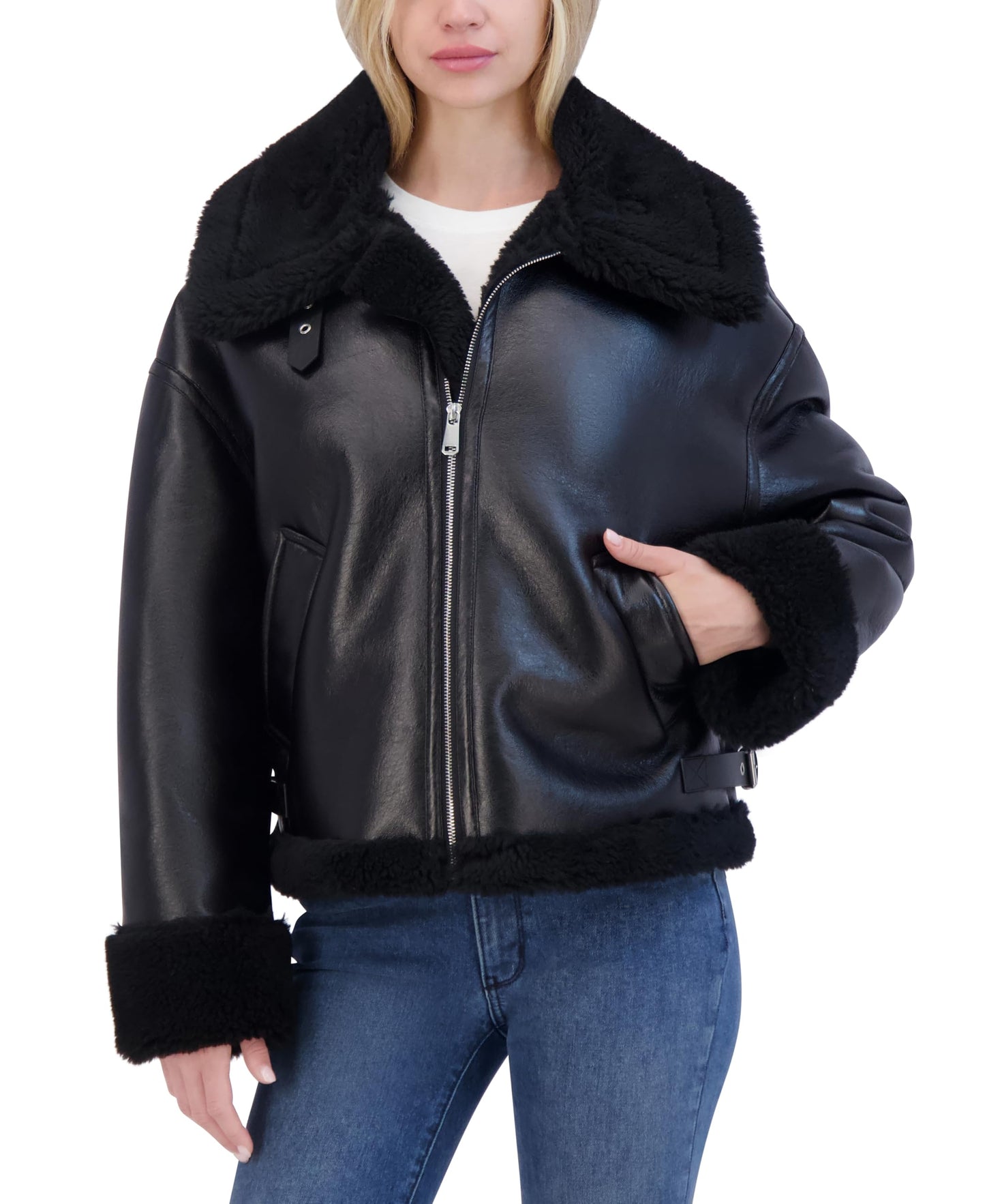 Laundry Women's Faux Shearling Leather Jacket, Black, X-Small
