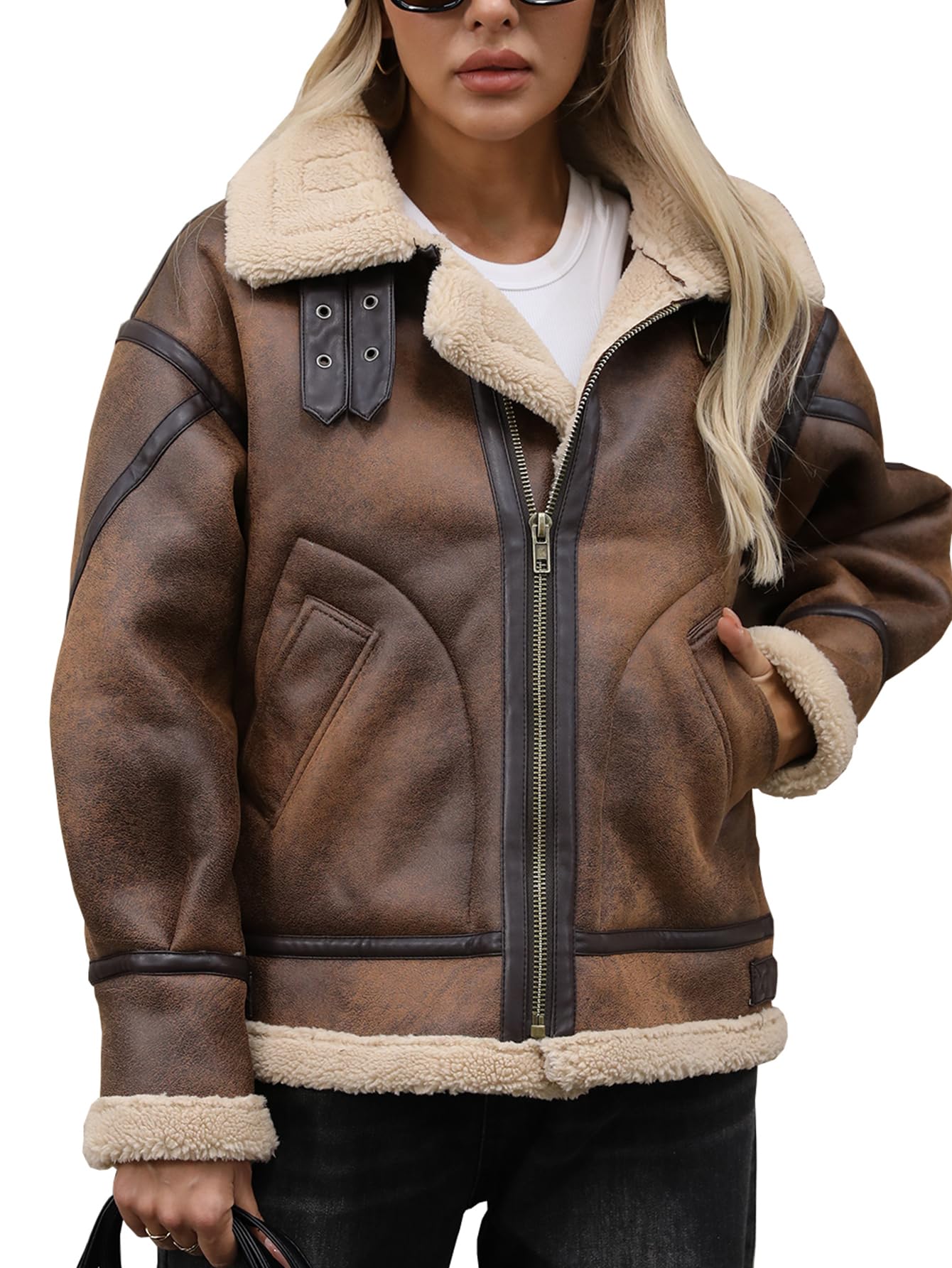 LY VAREY LIN Women Faux Leather Jacket Sherpa Aviator Bomber Coat