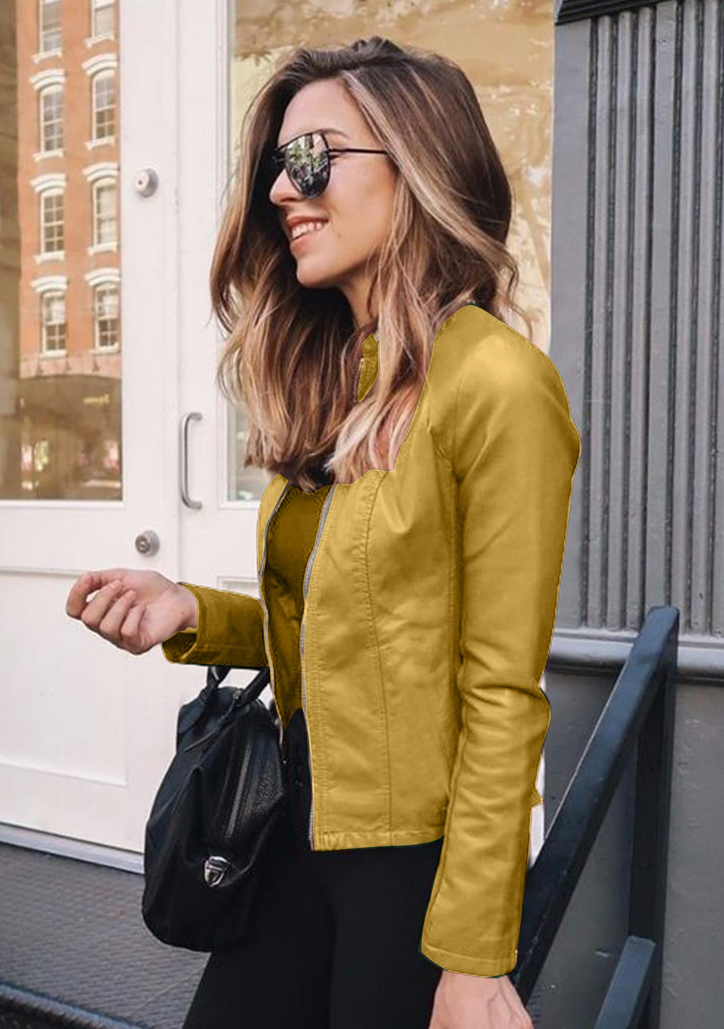 BOFETA Autumn Faux Leather Coat For Women Fashion Moto Jacket Yellow M