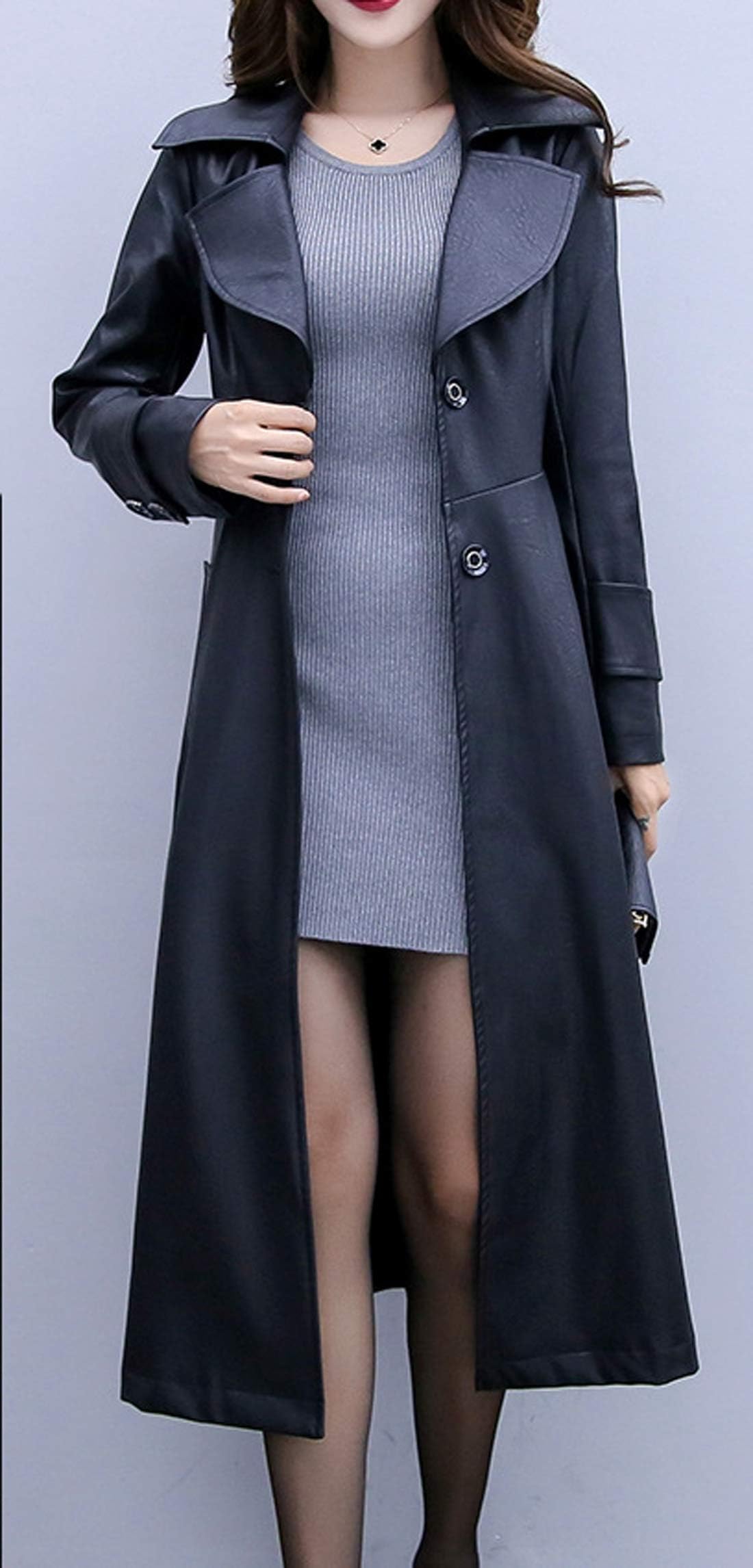 ebossy Women's Elegant Lapel Collar 2 Button Fit-Flare Pu Leather Long Trench Coat (L, Black)
