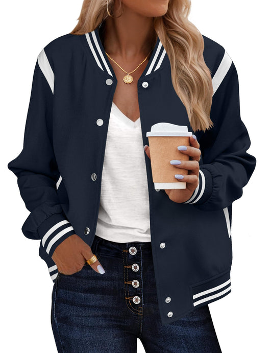 Zeagoo Varsity Jackets Women's Fashion Fall Stripe Casual Work Office School Outfits Lightweight Pocketed Bomber Jacket