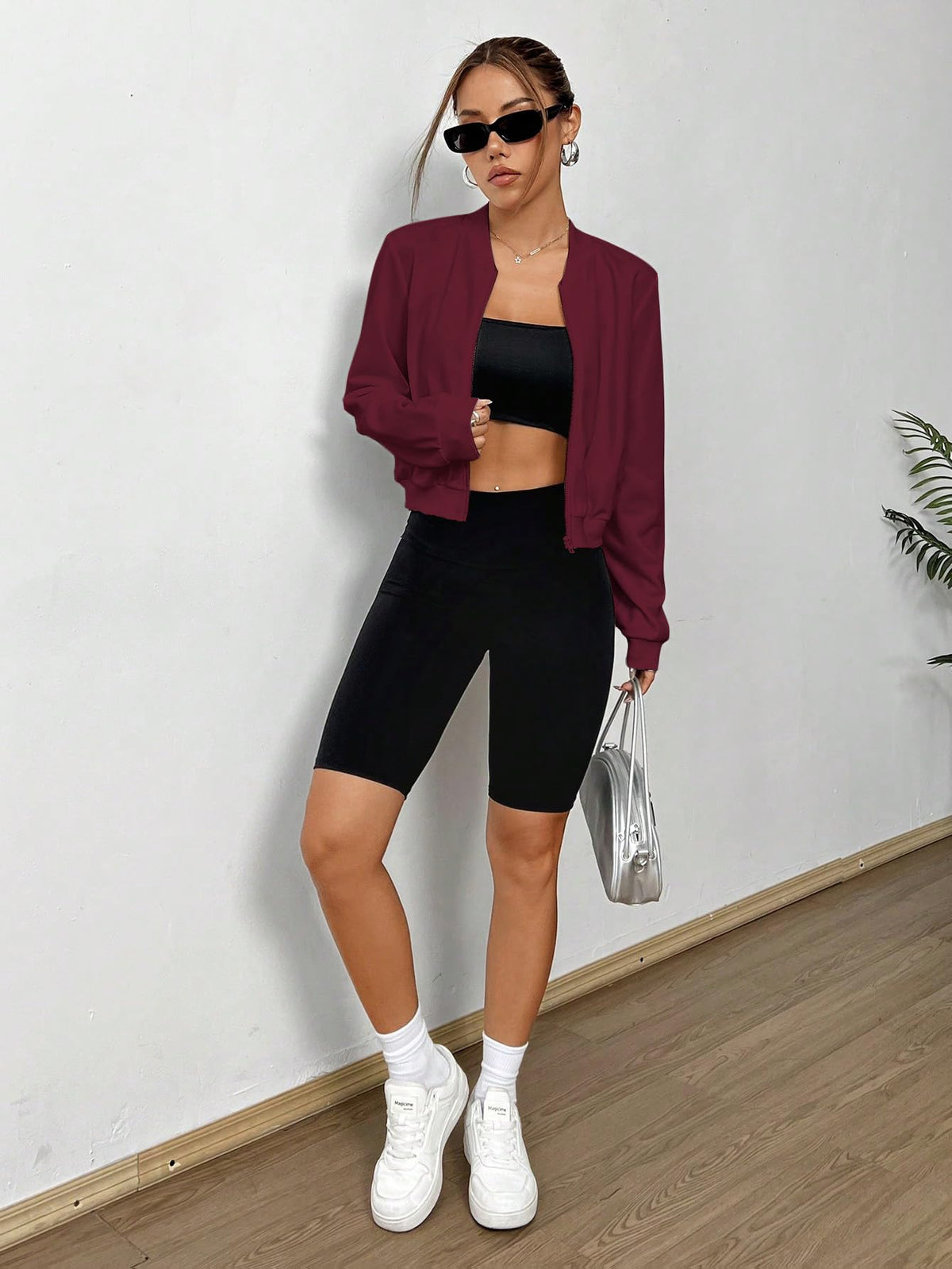 SweatyRocks Women's Lightweight Jackets Casual Zip Up Cropped Bomber Jacket