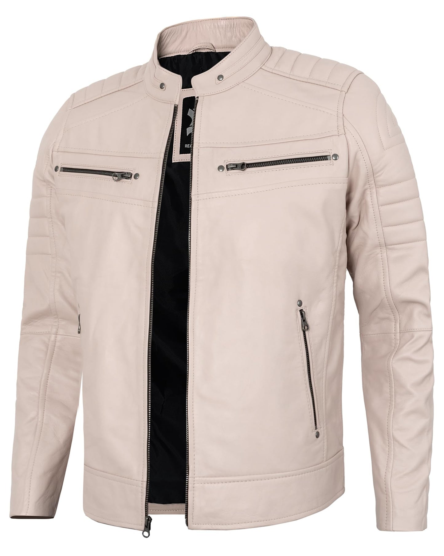 UrbanFocal Beige Leather Jacket Men - Real Lambskin Cafe Racer Leather Jackets For Mens | [101006603] Austin Beige, M