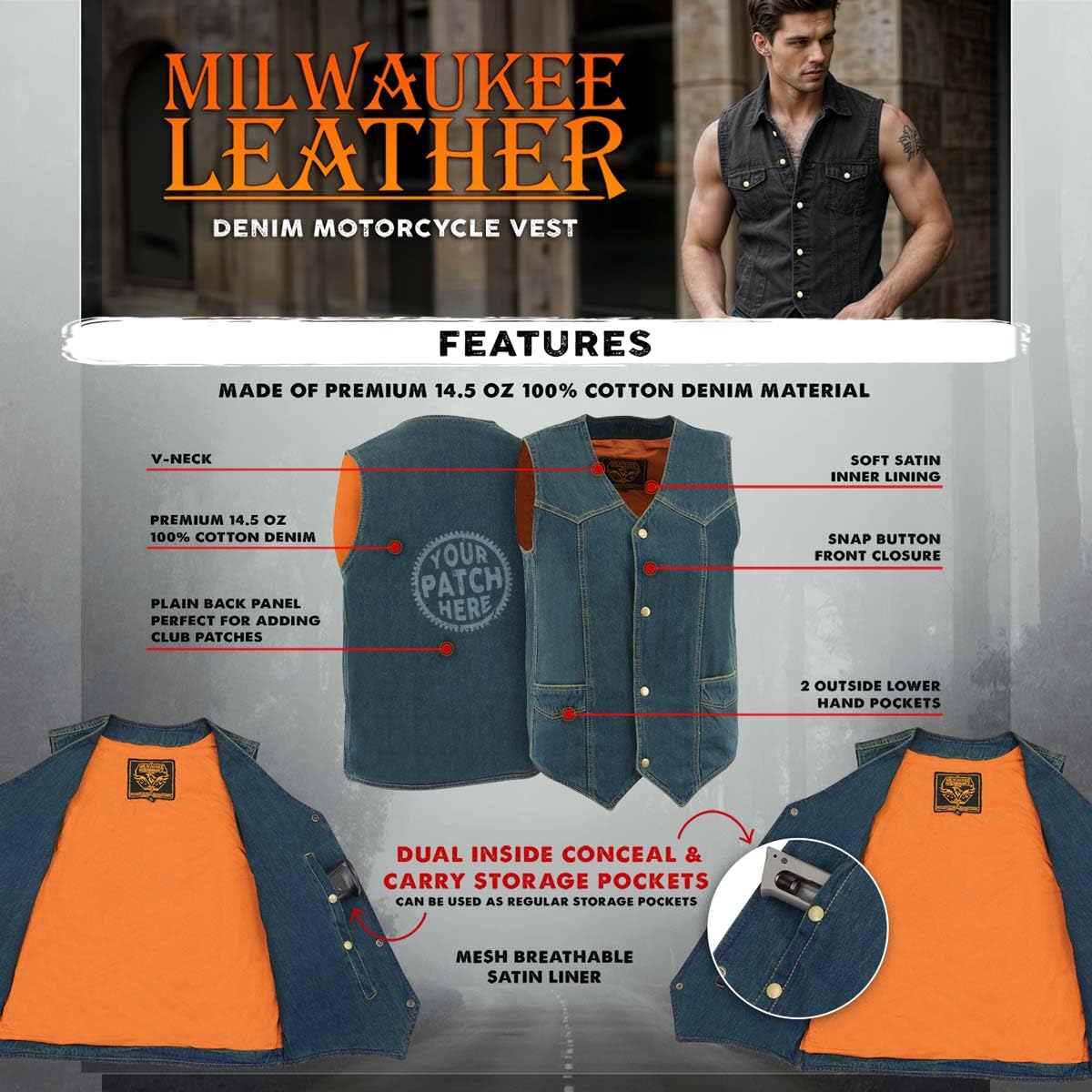 Milwaukee Leather Men's Classic Western V-Neck Premium Denim Motorcycle Biker Vests | MDM - 2X-Large