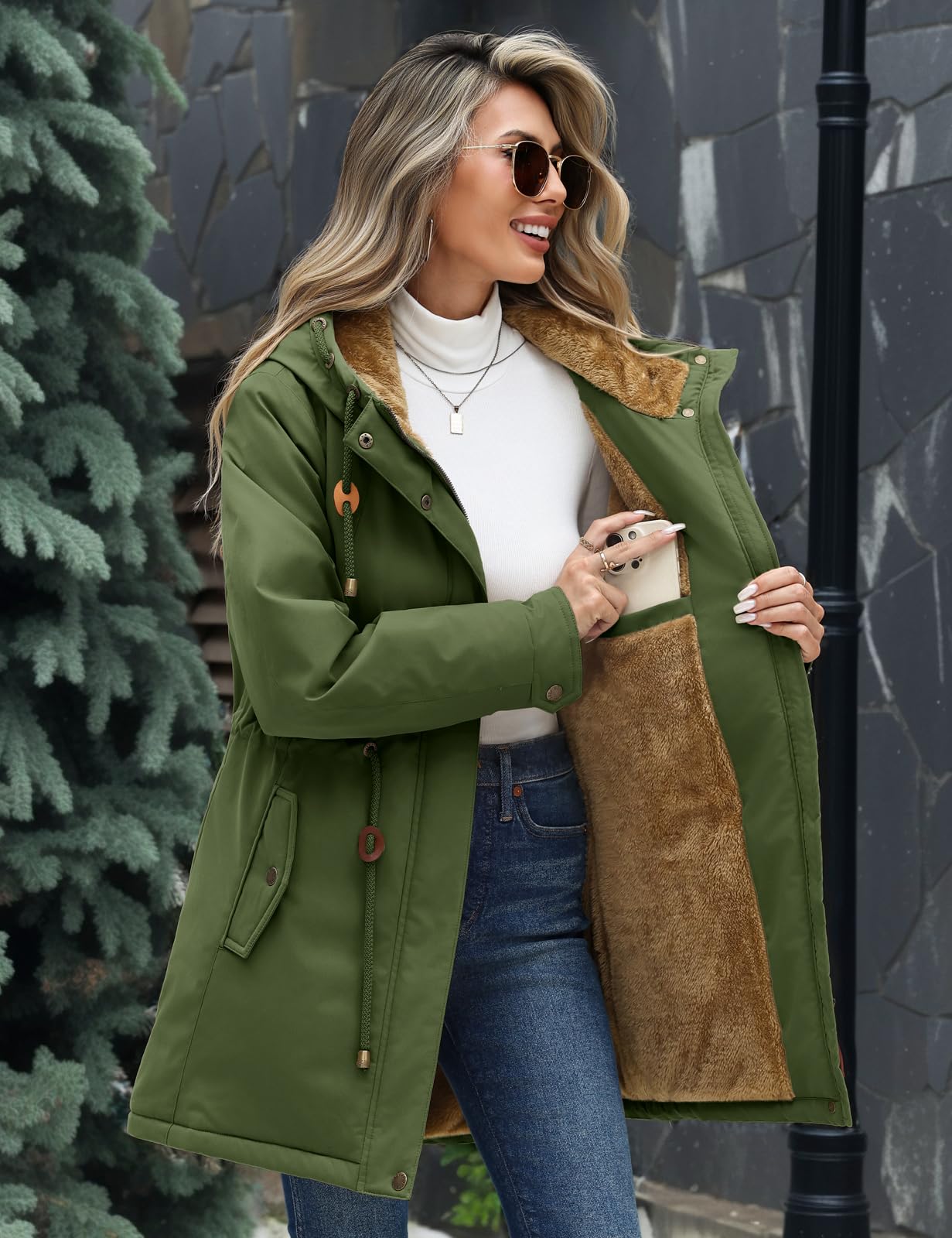 Yusongirl Parka Jacket Women Waterproof Fleece Lined Hooded Warm Winter Coat with Pockets for Daily Commute & Outdoor (Green,Small)
