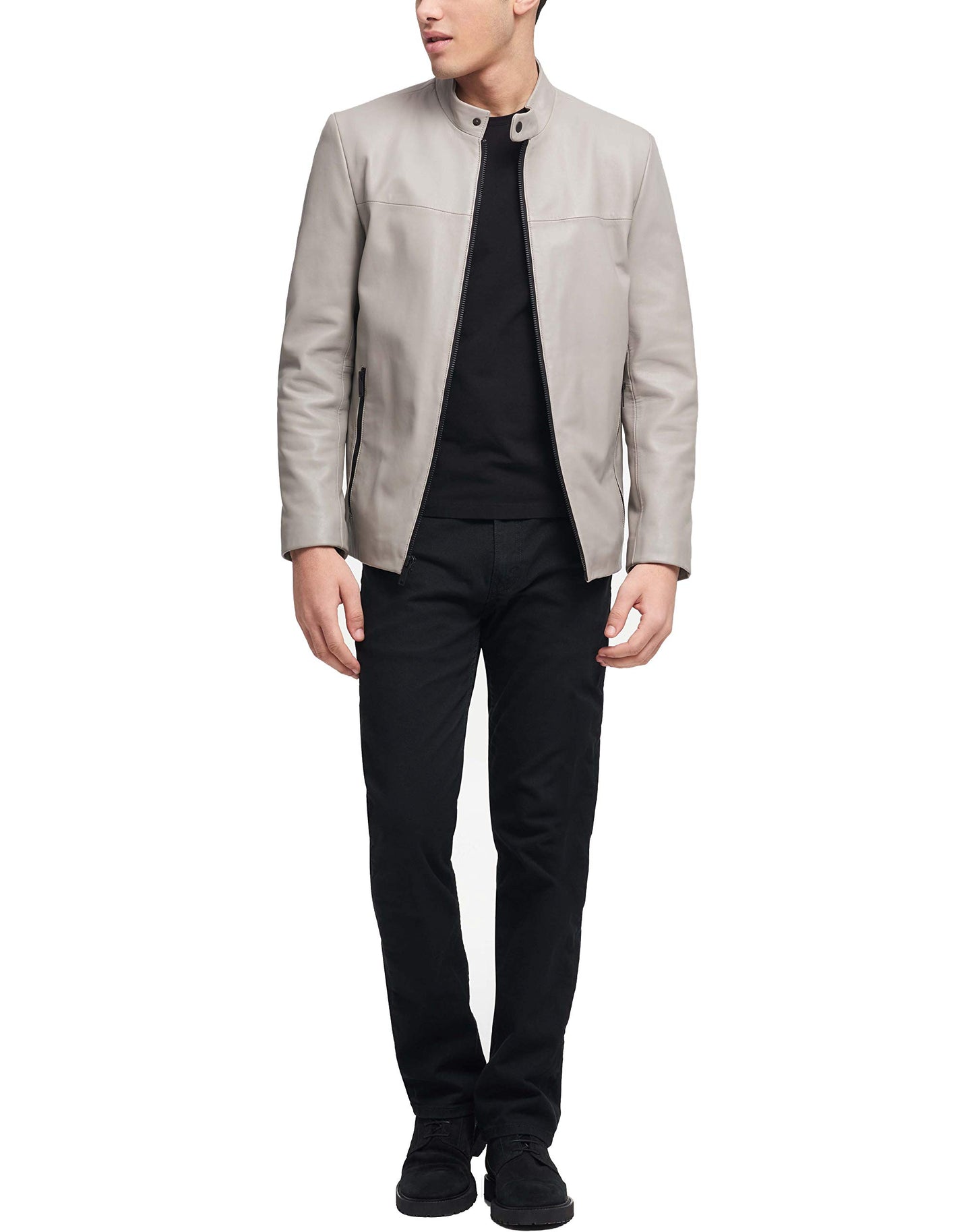 DKNY Men's Modern Lamb Leather Racer Jacket, Elephant, XX-Large