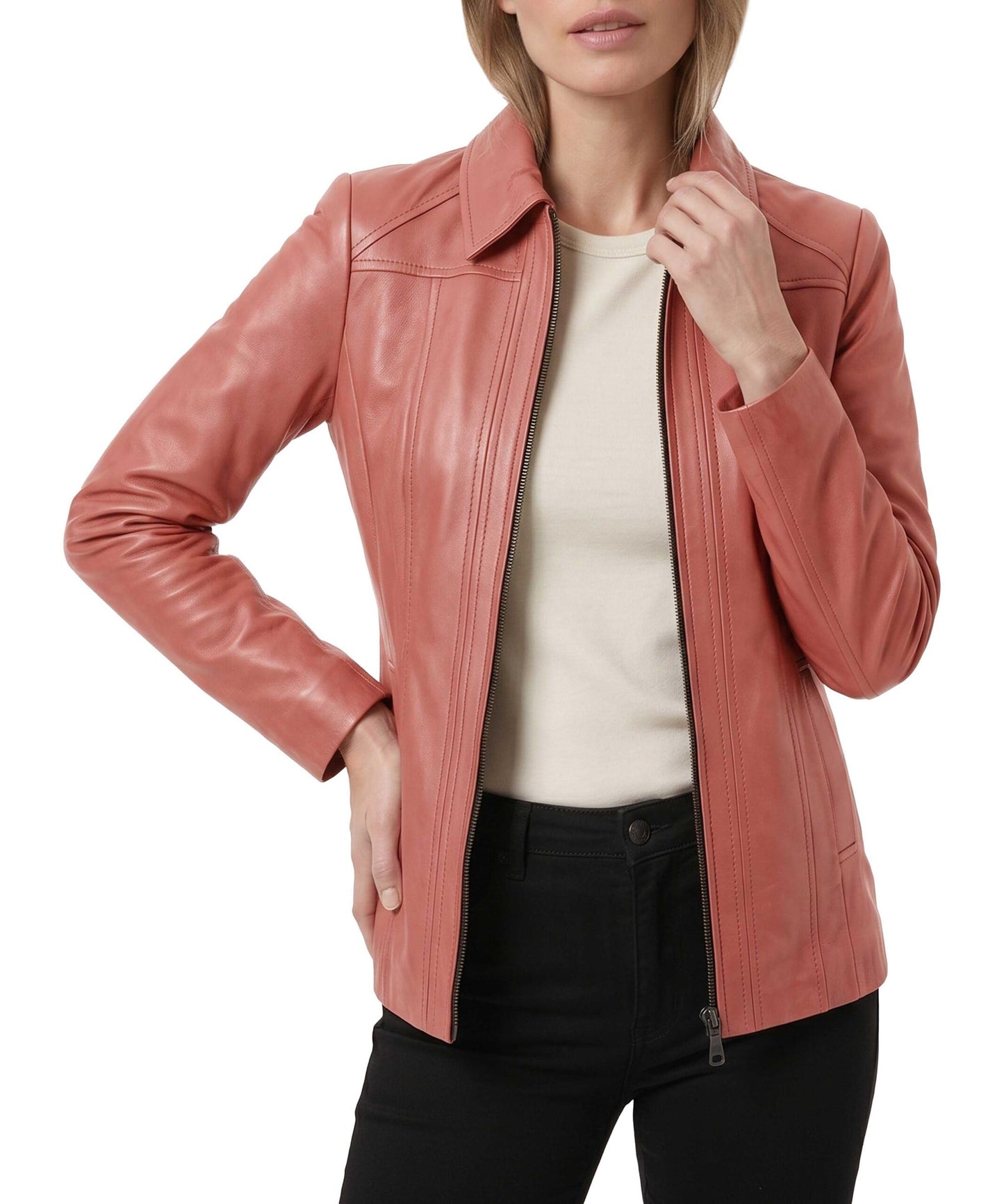 TRENDS GENESIS Pink Leather Car Coat Women Genuine Lambskin Long Leather Jacket Classic Outerwear XL